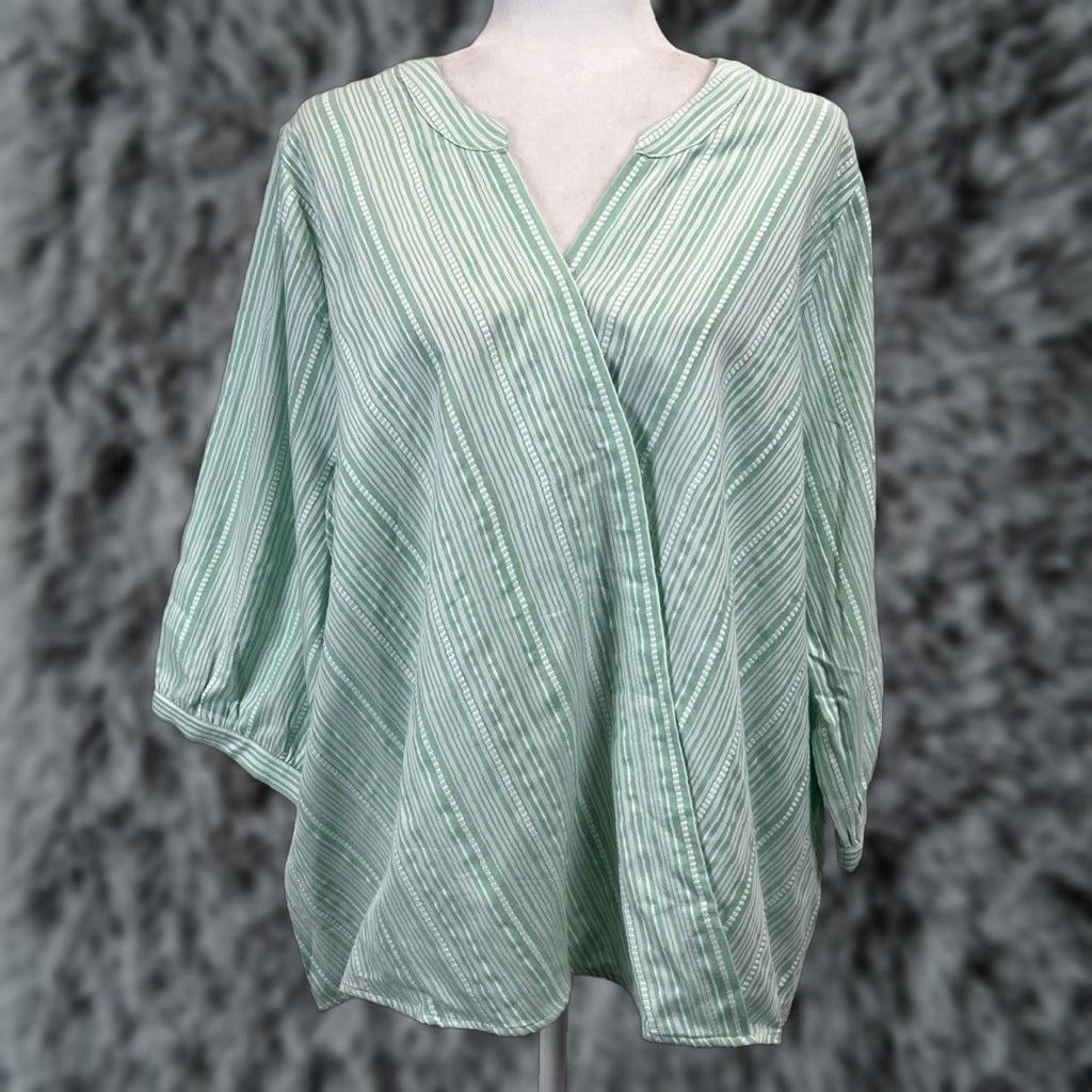Vintage C.J. Banks Blouse Shirt Wrap Style 2X Plus Green Striped 3/4 Sleeve V-Neck Tunic Beach Casual Womens Size XXL / US 16-18 / IT 52-54 - 1 Thumbnail