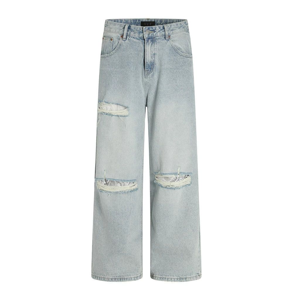 American retro distressed punk light washed ripped jeans