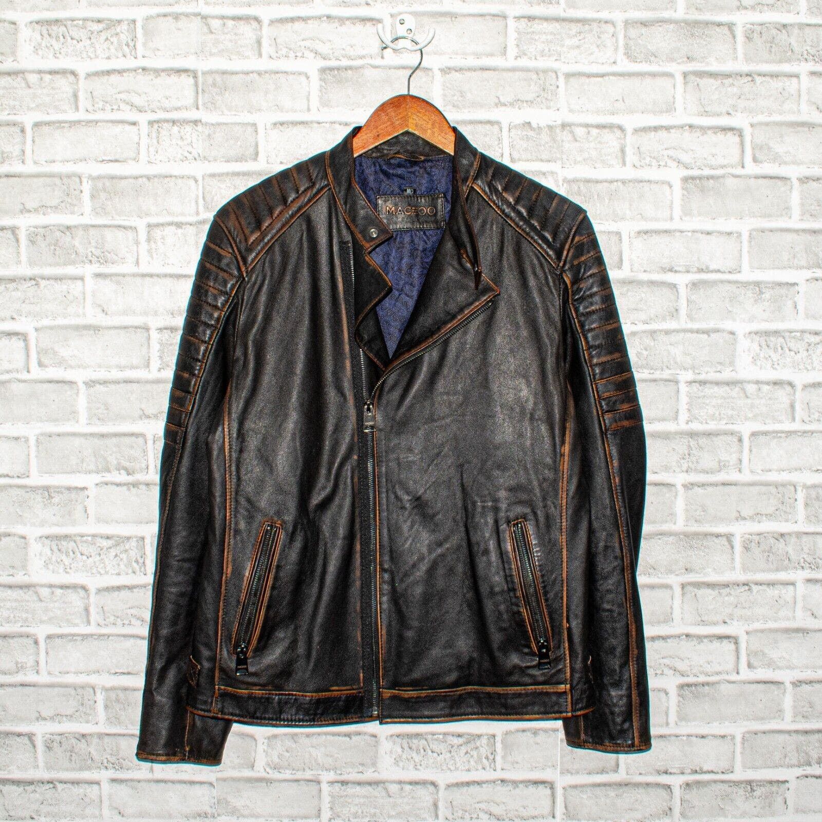 image of Maceoo Paris Men's Moto Leather Jacket In Skull Burn Brown (Size Medium)