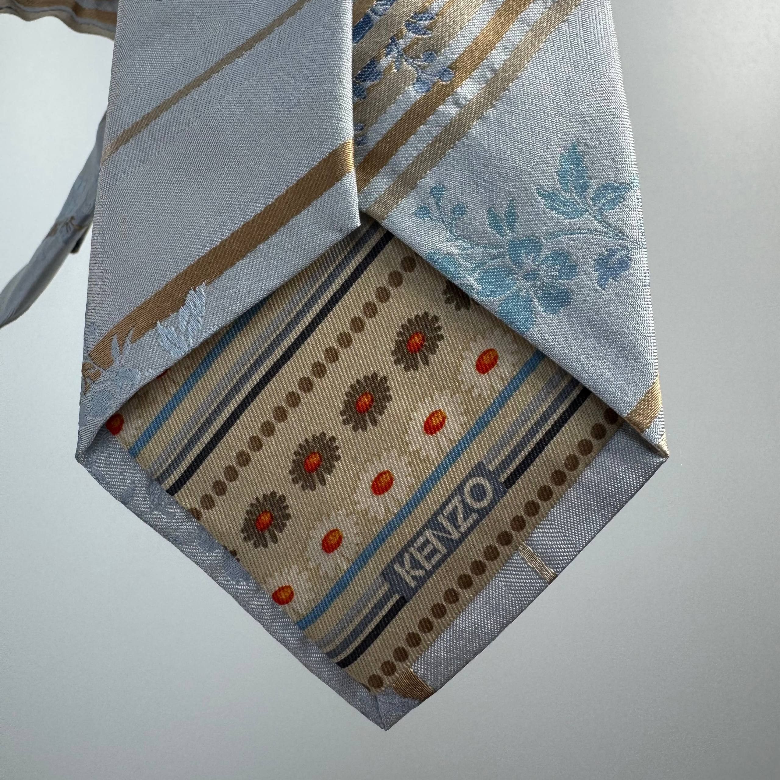 Kenzo NEW Kenzo Homme Silk Tie Floral Striped Blue Beige Mens Size ONE SIZE - 4 Thumbnail
