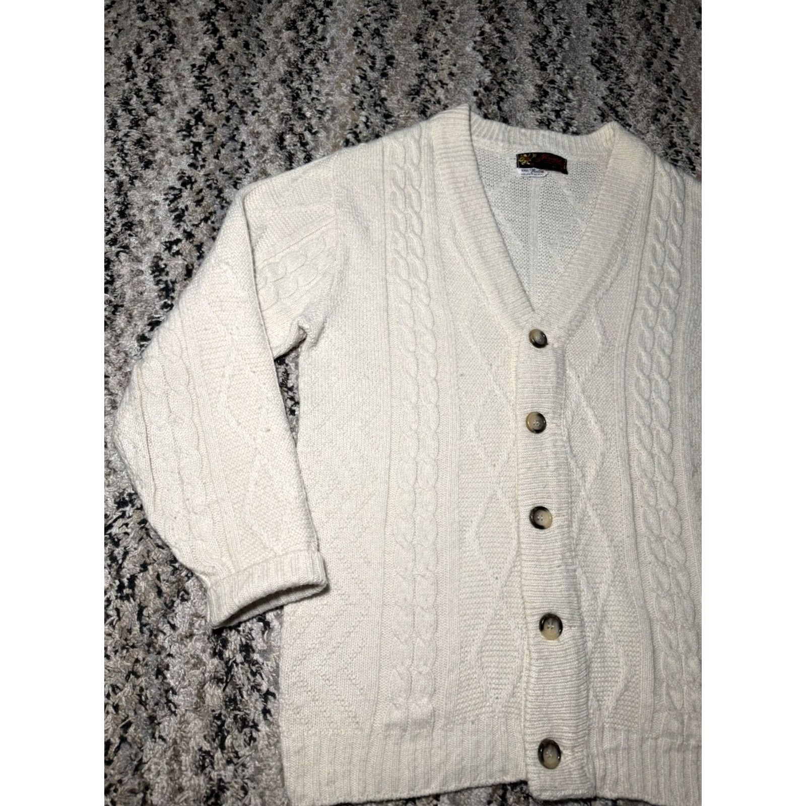 Vintage VINTAGE JERSILD GRANDPA CARDIGAN SWEATER Mens XL USA Cable Knit Fisherman 60s 70s Ivory Geometric Size US XL / EU 56 / 4 - 3 Thumbnail