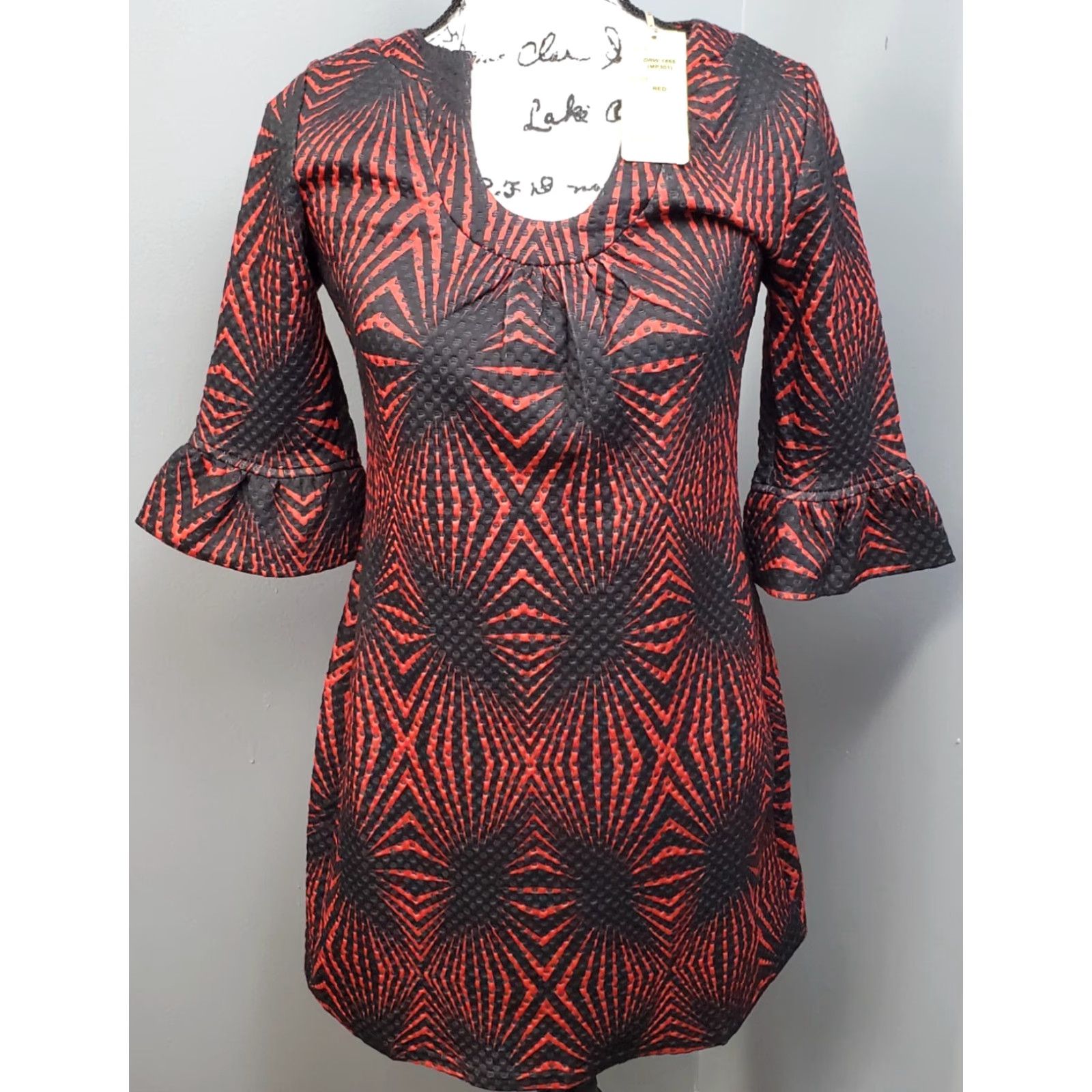 Anthropologie Aryeh Mini Dress Womens S Red Black Geometric Bell Sleeve Dress Size S / US 4 / IT 40 - 2 Thumbnail