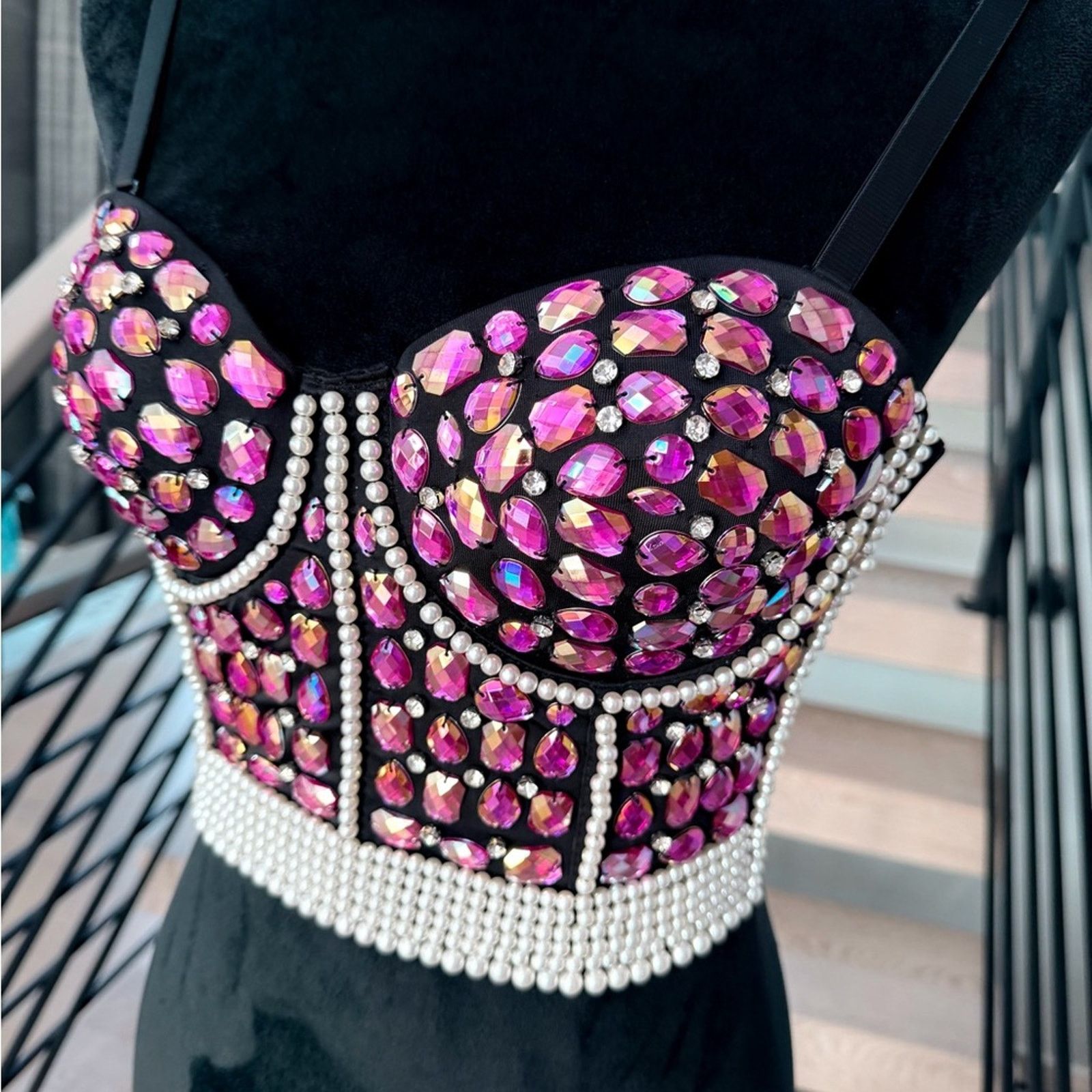 Other New Black and Pink with Pearls Embellished Corset Size S. Size S / US 4 / IT 40 - 9 Thumbnail