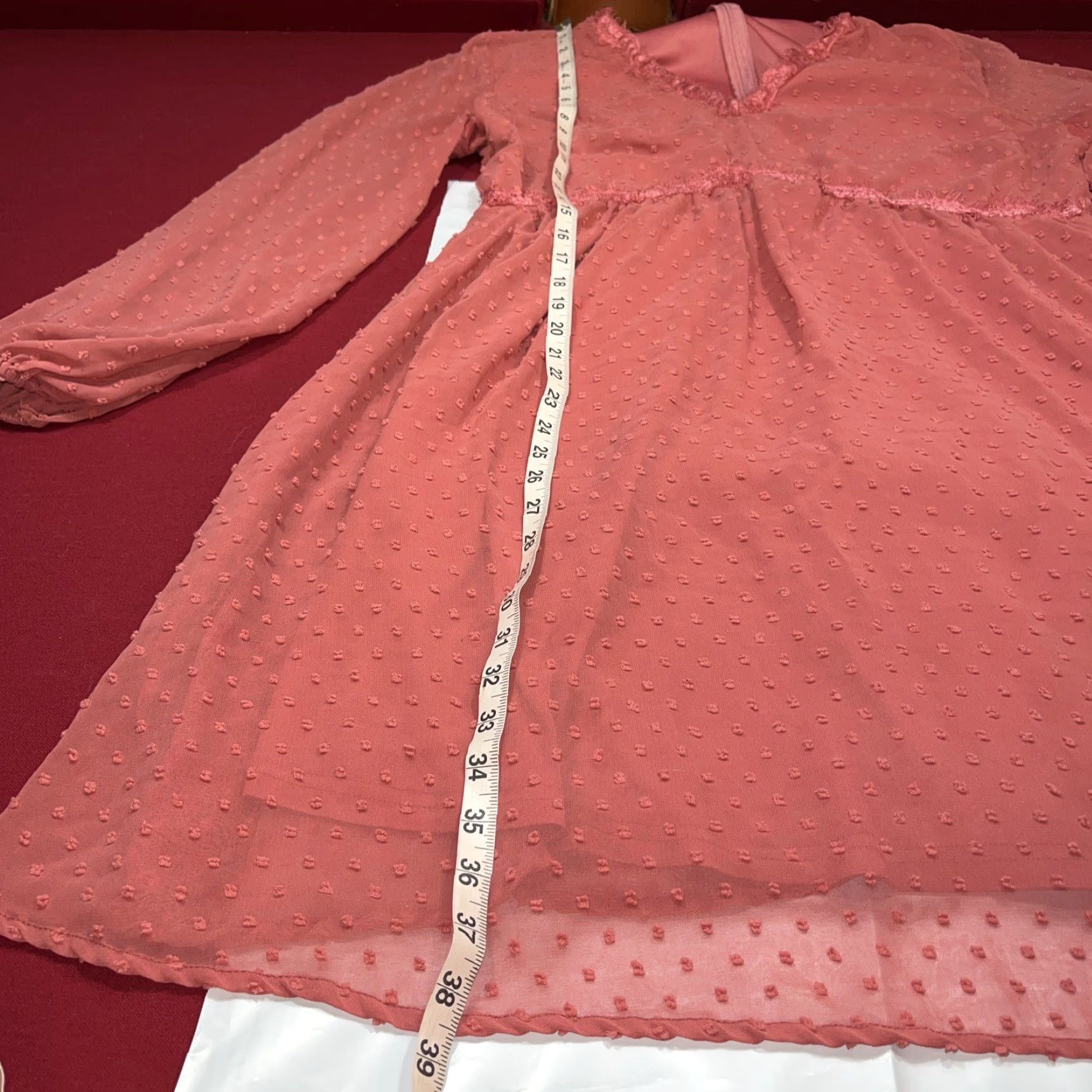 Vintage JASAMBAC Dusty Rose DRESS V-neck High Waist Swiss Minky Dot Chiffon Long Sleeves Size XXL / US 16-18 / IT 52-54 - 4 Thumbnail
