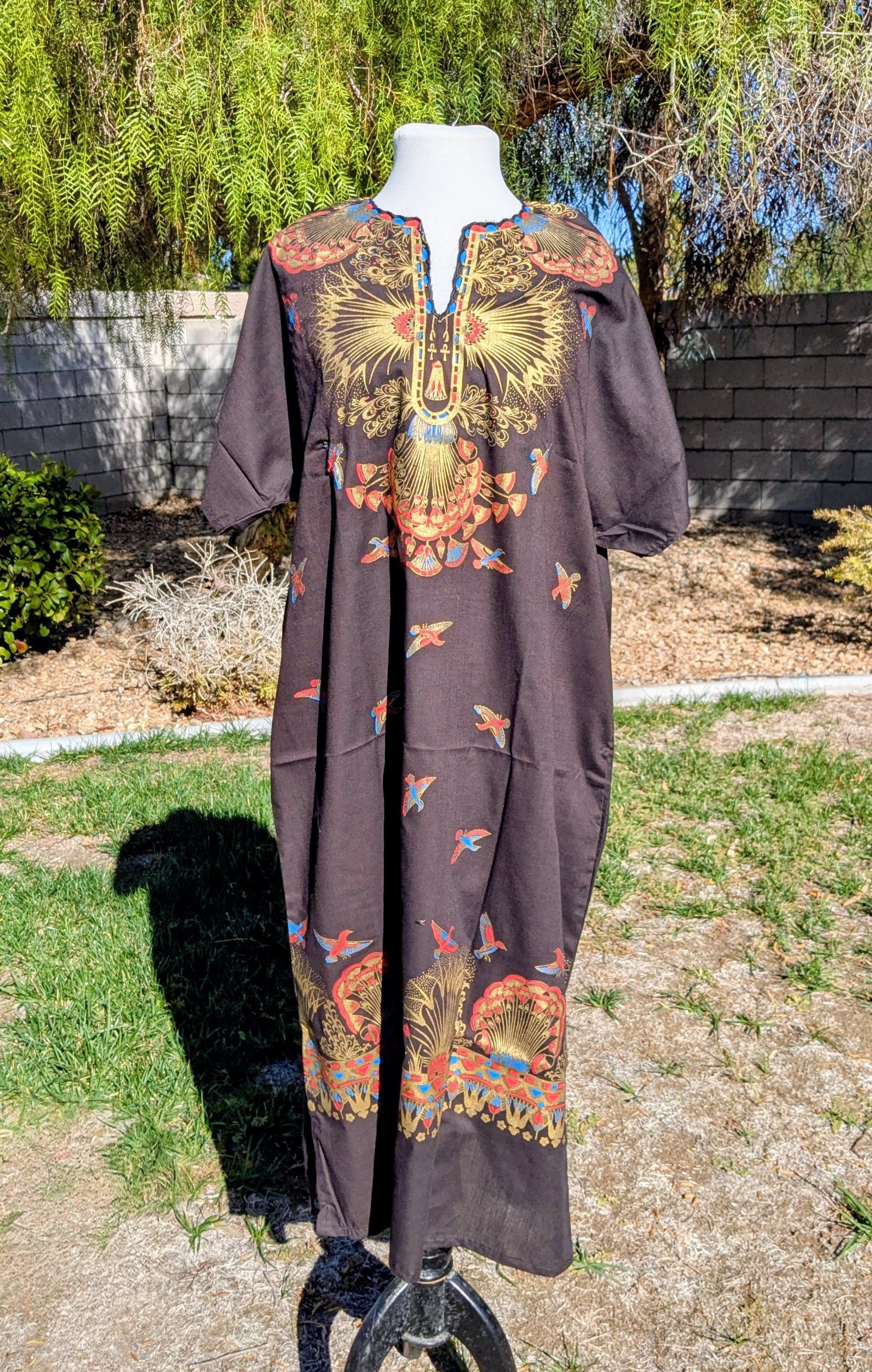 Other Retro Kaftan Goddess Cleopatra Ankh Birds Cotton Dress Size M / US 6-8 / IT 42-44 - 1 Thumbnail