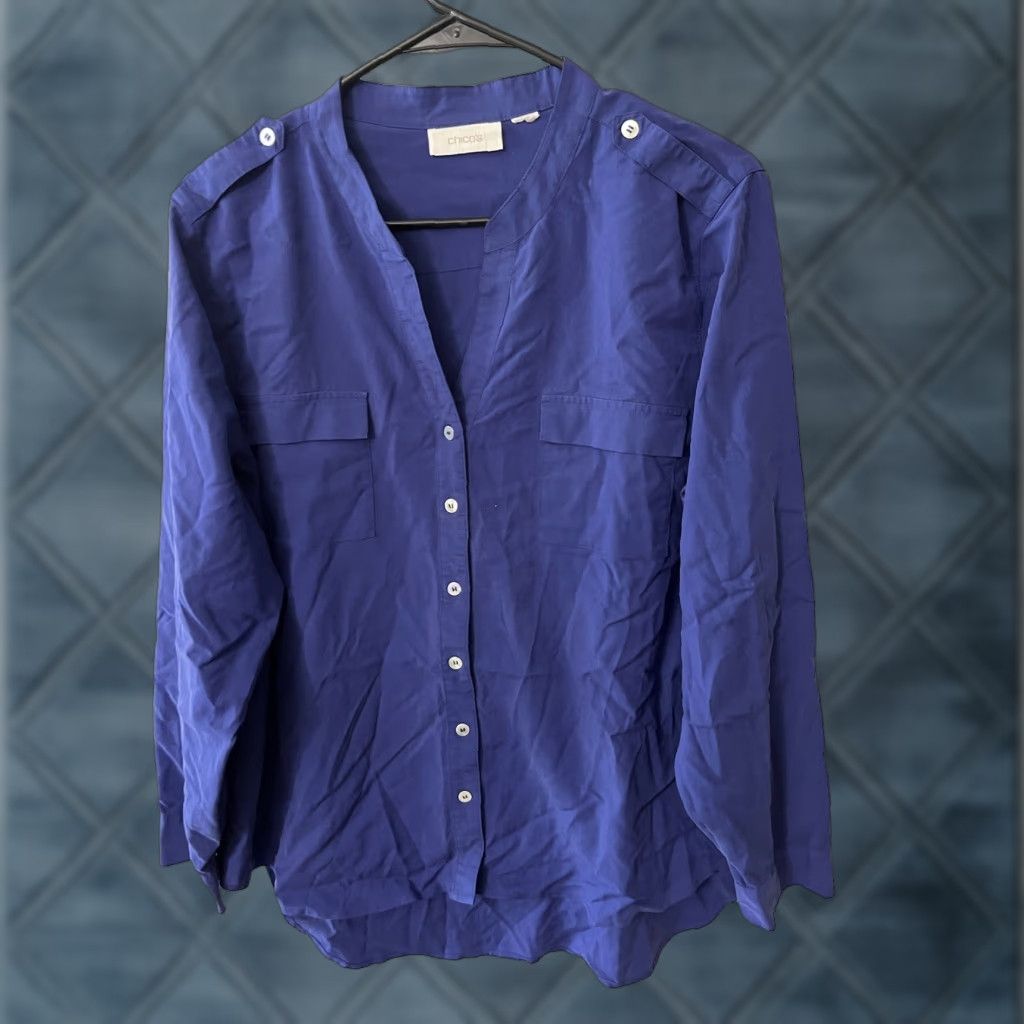 Vintage CHICO'S Blouse Blue Collarless Long Sleeve Button Down Modal Blend Size 1 Medium Size M / US 6-8 / IT 42-44 - 1 Thumbnail