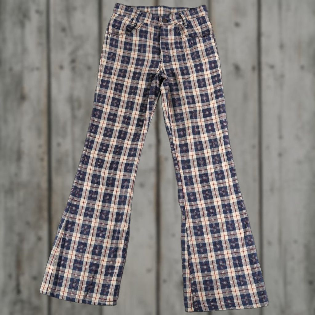 VTG Levi's 70s Orange Tab Big E Students Sta-Prest Plaid Flare Slacks 25x28 USA Mens