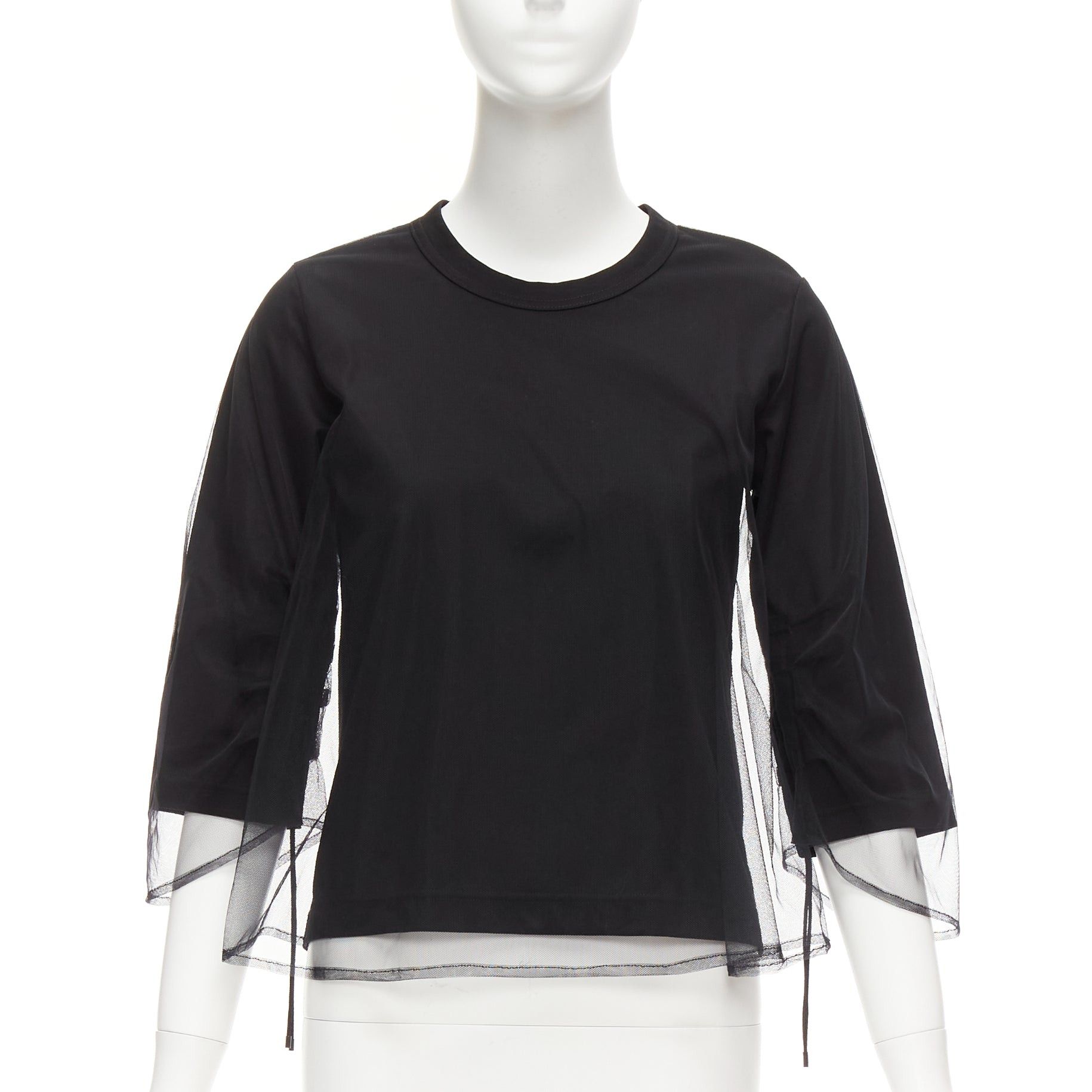 Noir Kei Ninomiya NOIR KEI NINOMIYA 2018 black cotton sheer tulle overlay ruched sleeves tshirt XS Size XS / US 0-2 / IT 36-38 - 1 Thumbnail