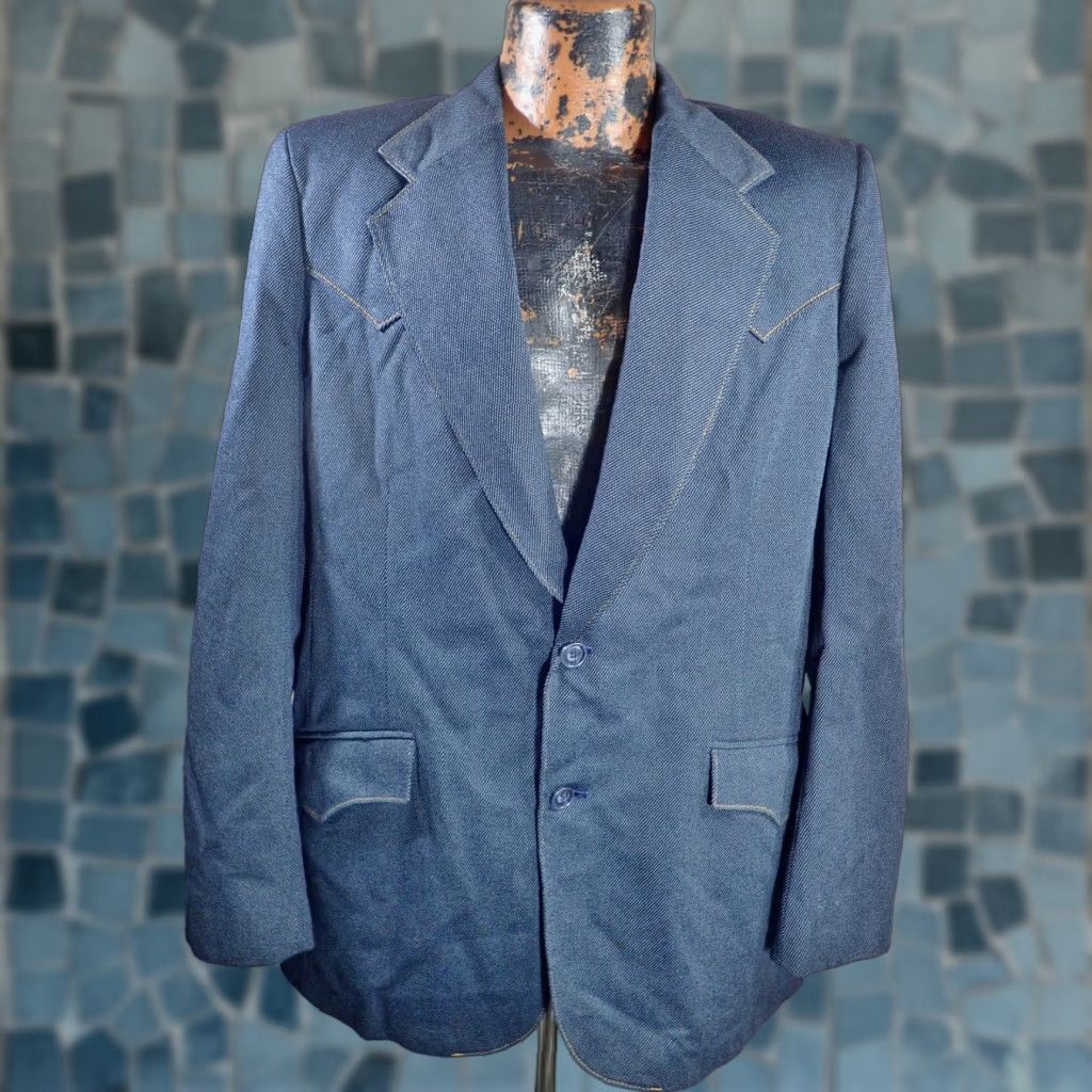 Lee VINTAGE LEE Blazer Jacket - Denim Look, Dark Blue, 42L, Mens, 60s Western Rockabilly, Polyester, Faux Denim Size 42R - 1 Thumbnail