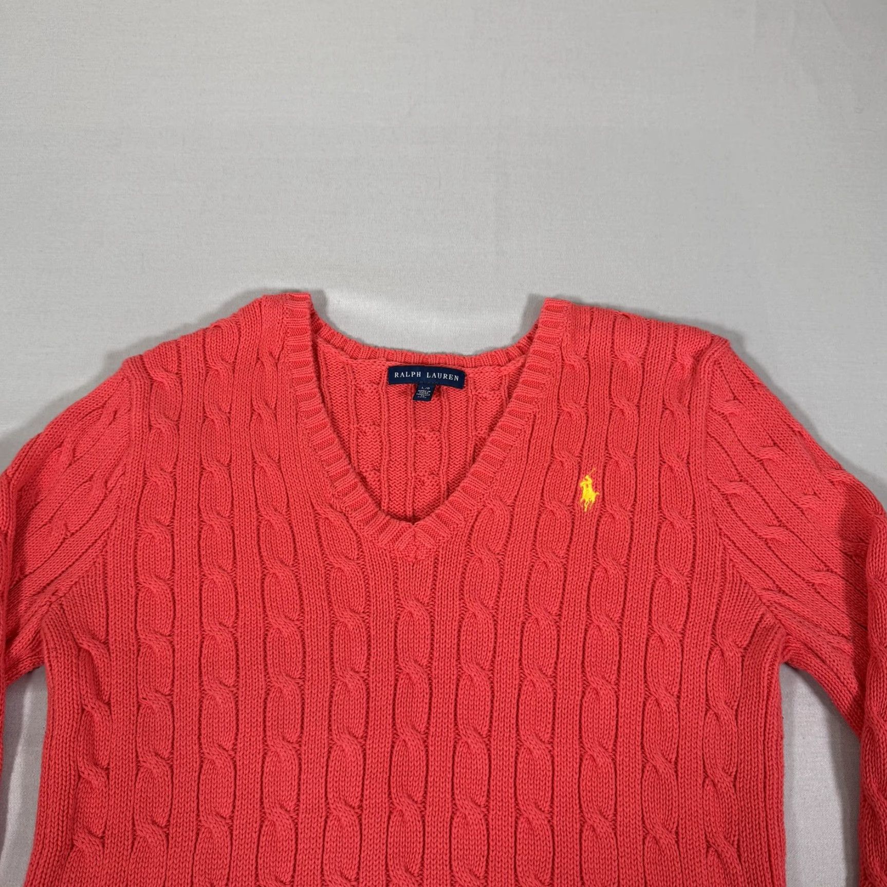 Polo Ralph Lauren Polo Ralph Lauren Sweater Women Large Red Cable Knit V Neck Cotton Pullover Pony Size L / US 10 / IT 46 - 2 Thumbnail