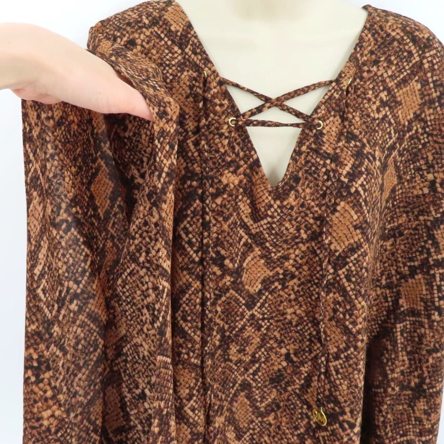 Michael Kors Michael Kors Women Shirt S/M Brown Snakeskin Print Cover Up Top Shirt Size S / US 4 / IT 40 - 3 Thumbnail
