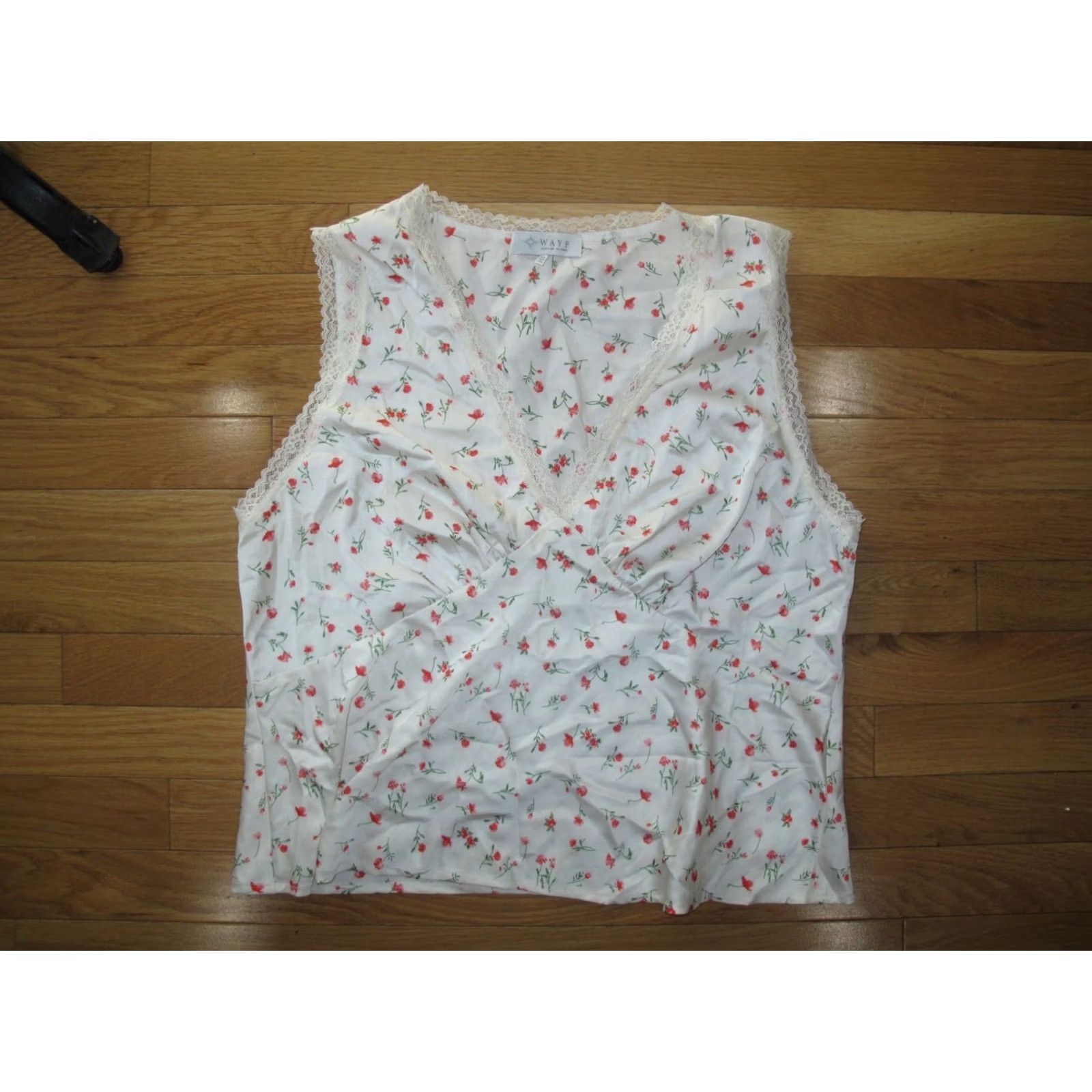 Vintage WAYF Blouse Top Womens XL White Polyester Floral Sleeveless V-Neck Pullover Size XL / US 12-14 / IT 48-50 - 7 Thumbnail