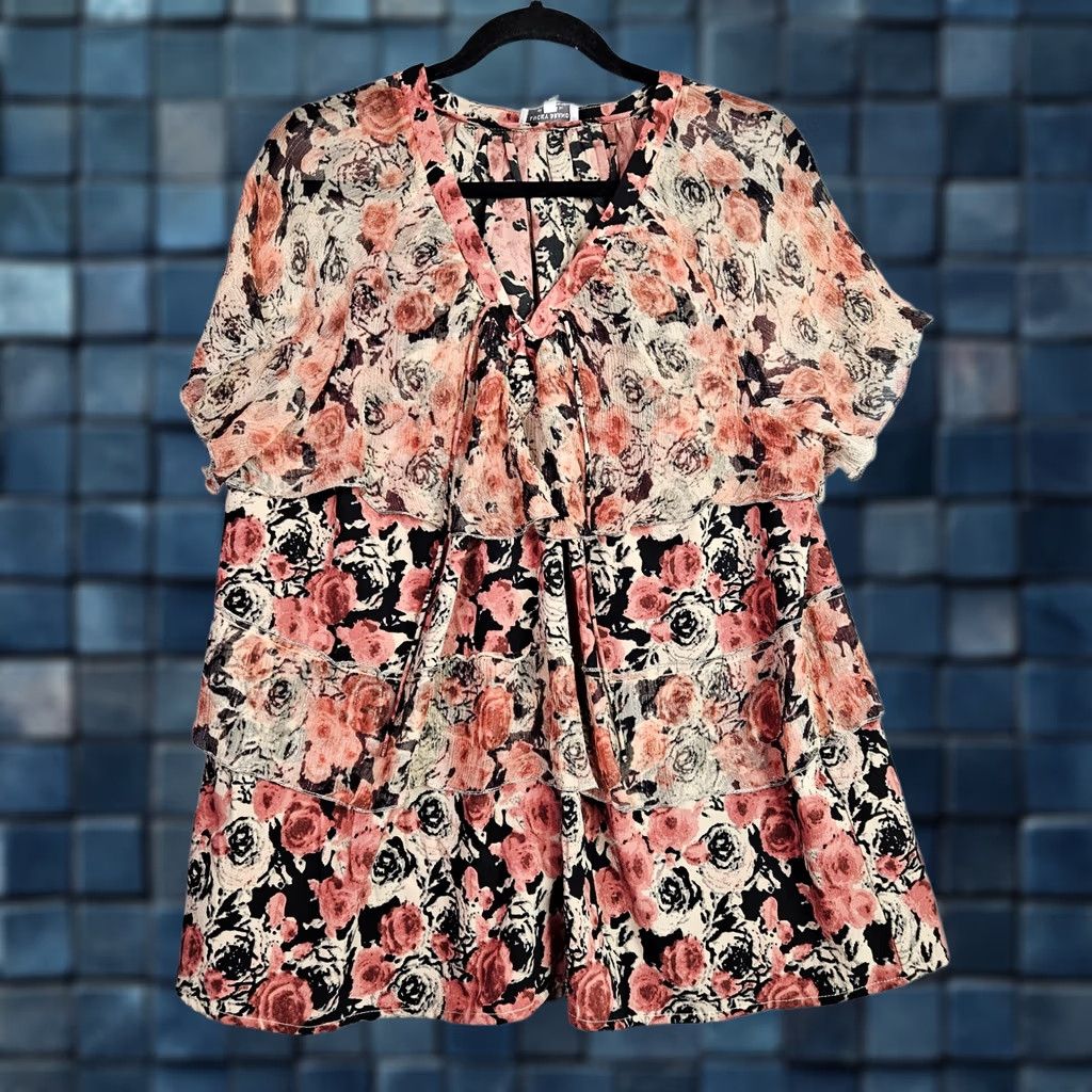Lucky Brand Lucky Brand Women's Ruffled Rose Printed Lace Up Tiered Blouse 1X Multicolor Floral Short Sleeve Crew Neck Shirt Womens Size XL / US 12-14 / IT 48-50 - 1 Thumbnail