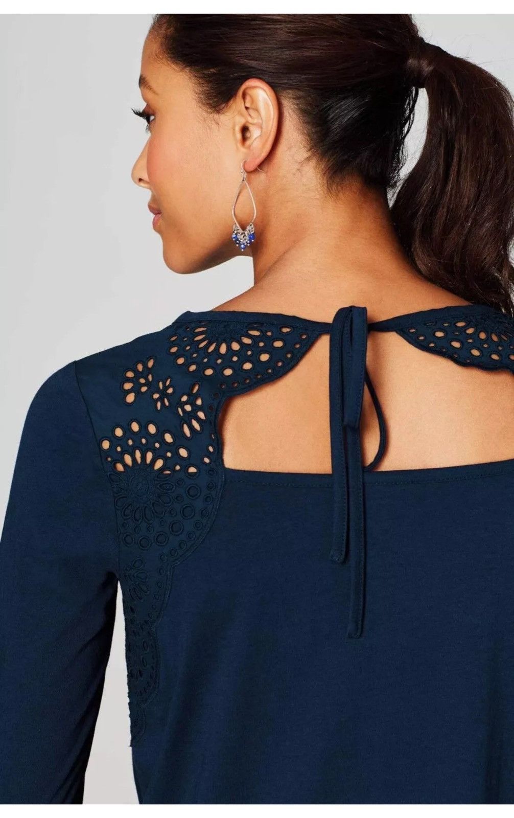 Other NWT J Jill Navy Blue Eyelet Knit Top Tee XS Cotton Tie Back Size XS / US 0-2 / IT 36-38 - 3 Thumbnail