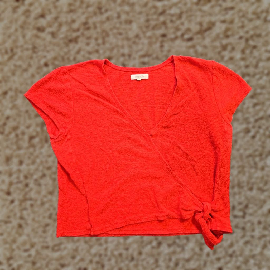 Madewell Madewell Top Womens Size Medium Orange Faux Wrap Textured V Neck Cropped Casual Shirt Blouse Knit Short Sleeve Regular Mens? Size M / US 6-8 / IT 42-44 - 1 Thumbnail
