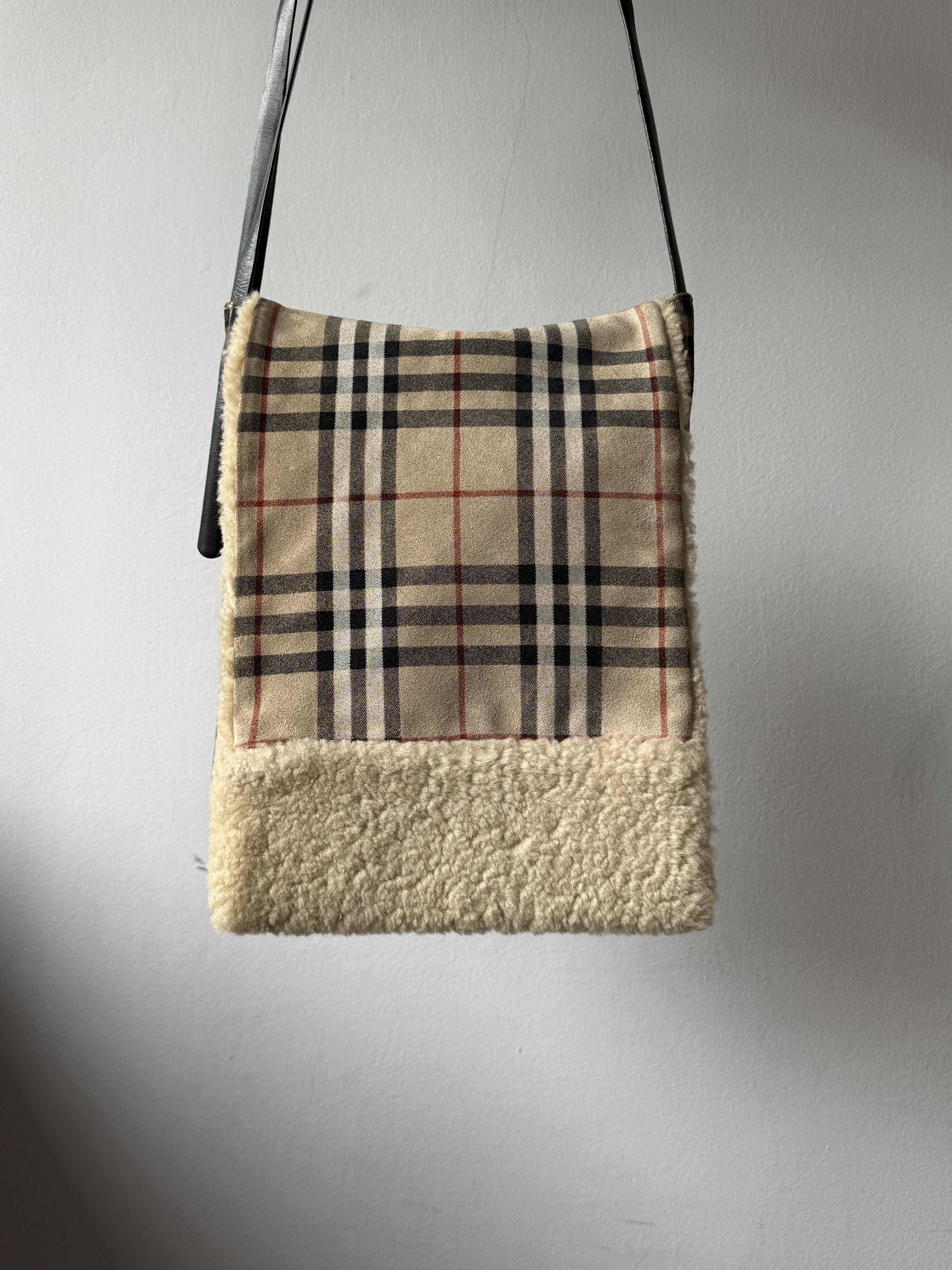 Burberry Burberry Nova Check Suede Shearling Shoulder Open Flap Bag Size ONE SIZE - 3 Thumbnail