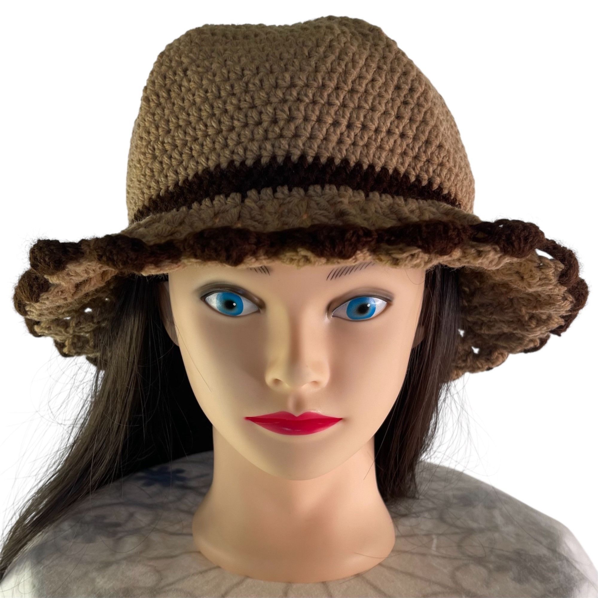 Handmade Crochet Bucket Hat Retro Cloche Style Tan and Brown Handmade Size ONE SIZE - 1 Thumbnail