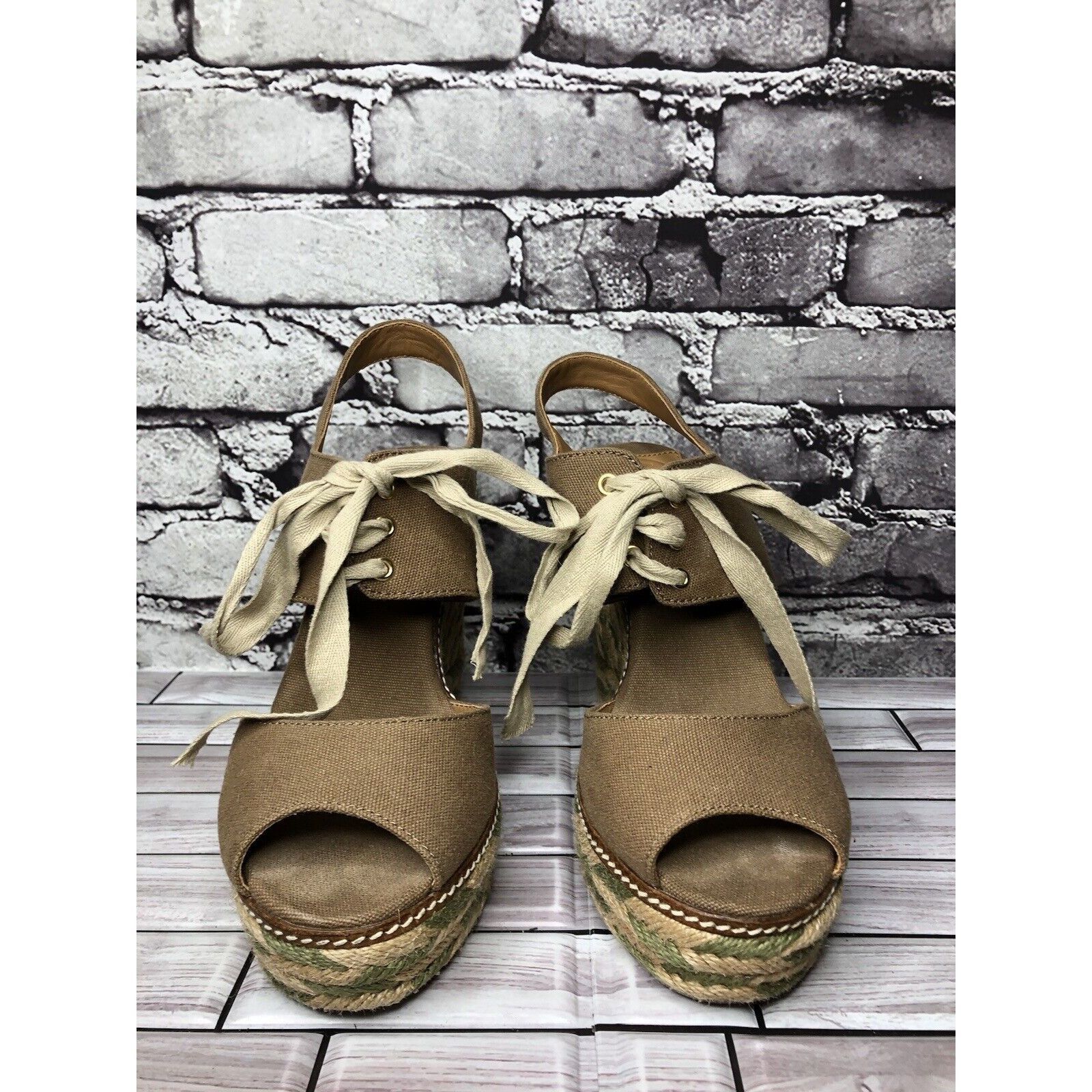 Tory Burch Tory Burch Taupe Canvas Textile Green Tan Espadrilles Wedge Size US 10 / IT 40 - 13 Thumbnail