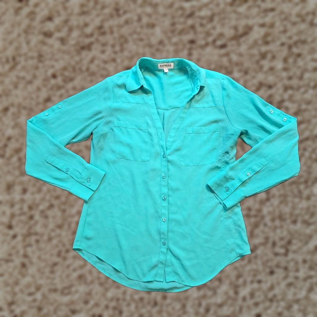 Express Express Top Women XS Green Portofino Sheer Long Sleeve Button Casual Career Blouse Size XS / US 0-2 / IT 36-38 - 1 Thumbnail
