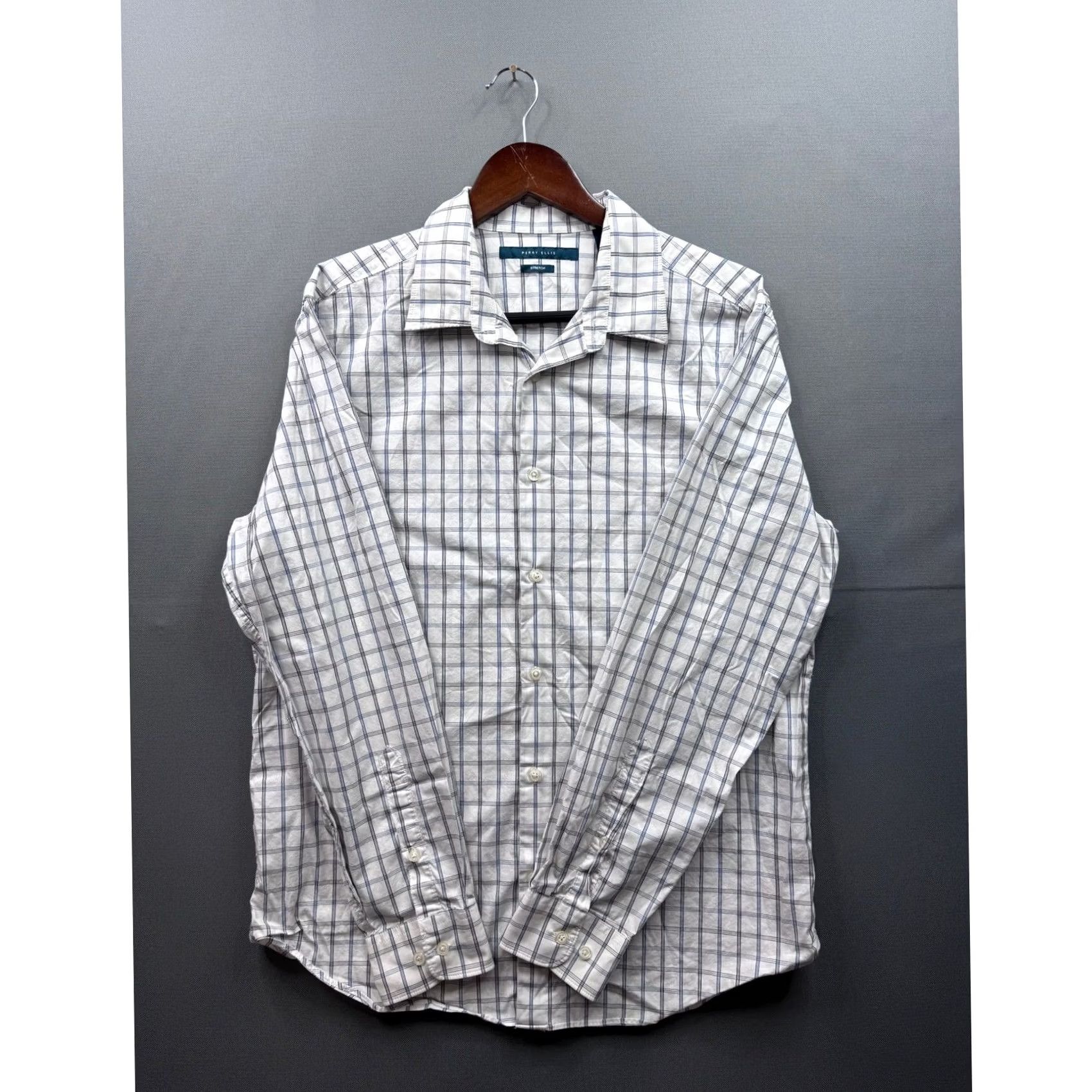 Perry Ellis Perry Ellis Men's L/G Button-Down Shirt Plaid Stretch Wrinkle Resistant Casual Workwear White Cotton Polyester Blend Long Sleeve Button-Up Size US L / EU 52-54 / 3 - 2 Thumbnail