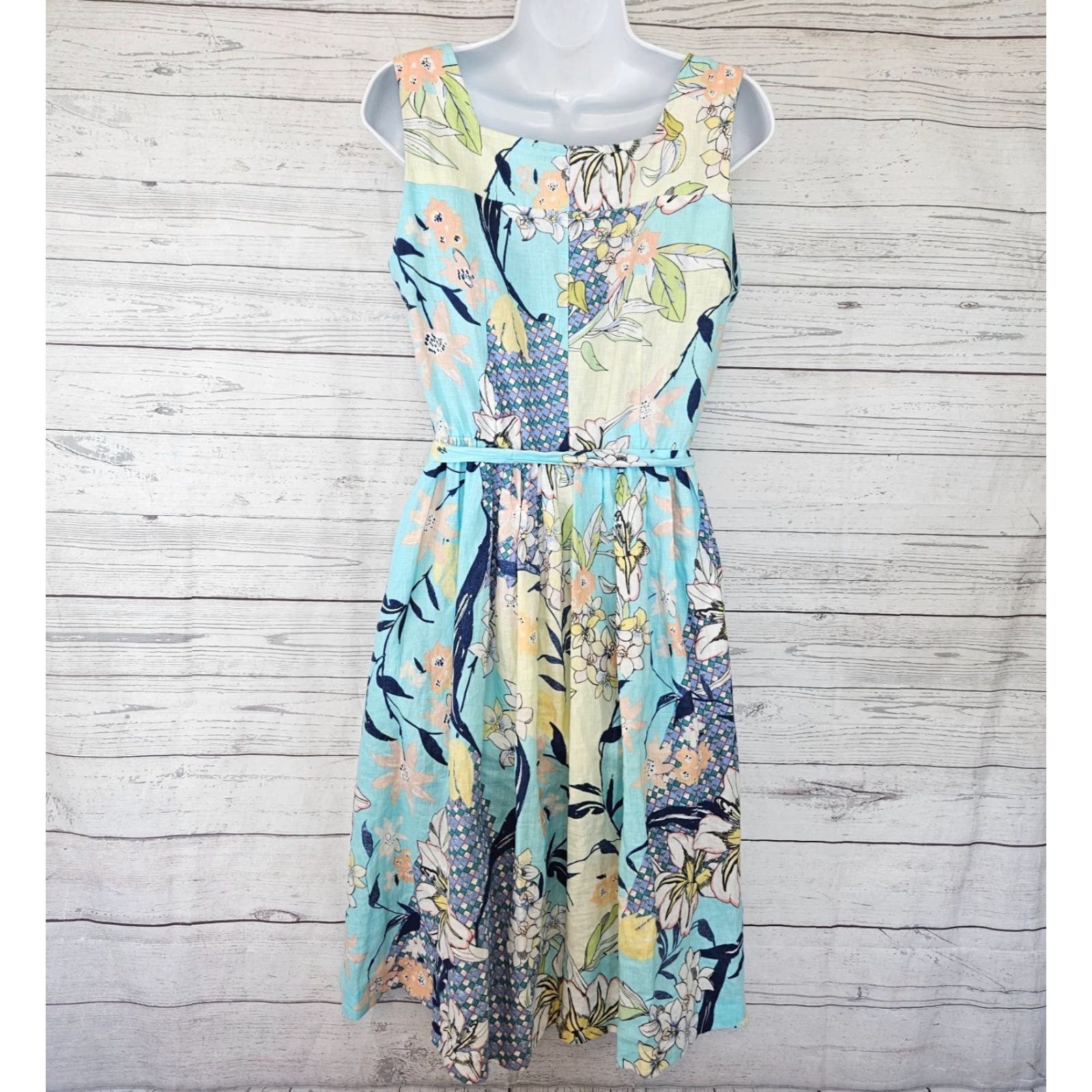 Vintage Malvin I Love Linen Womens Dress L Blue Yellow Floral Belted Side Zip Knee Length A-Line Dress Womens Size L / US 10 / IT 46 - 3 Thumbnail
