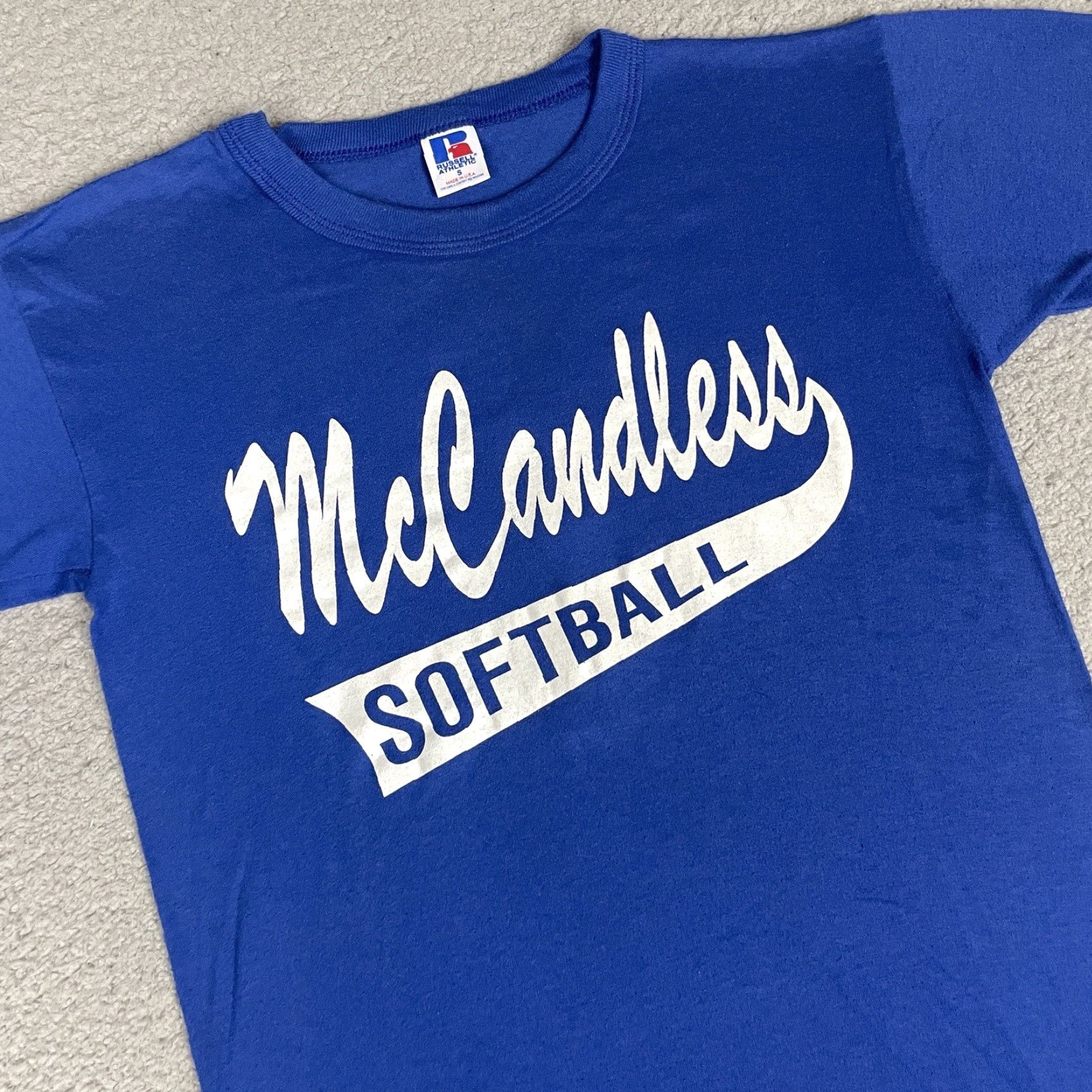 Russell Athletic VINTAGE Russell Athletic Tshirt Adult Small Blue McCandless Softball White USA S Size US S / EU 44-46 / 1 - 4 Thumbnail