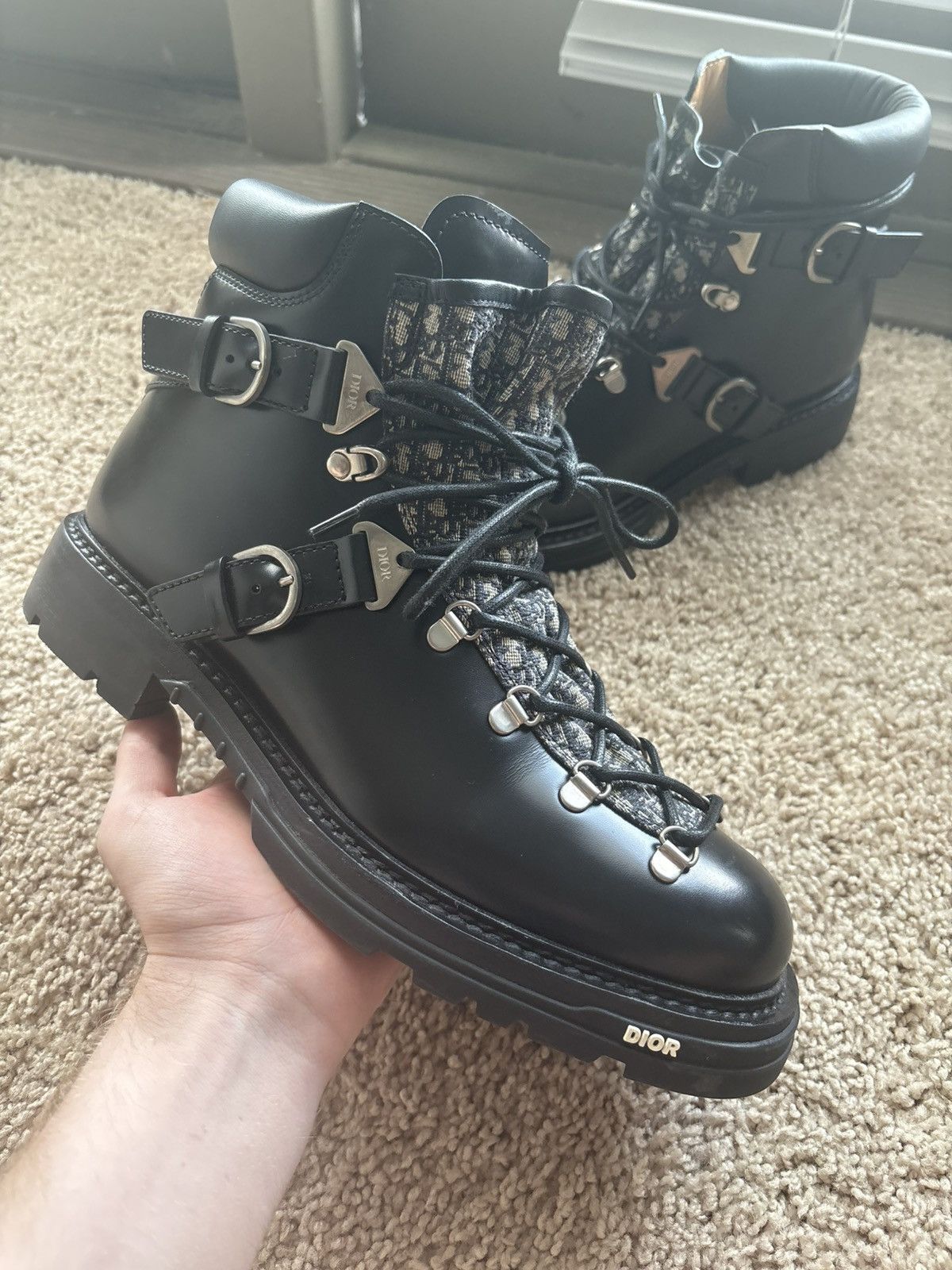 Dior Explorer Hiking Boots Black Leather Jacquard Logo 42
