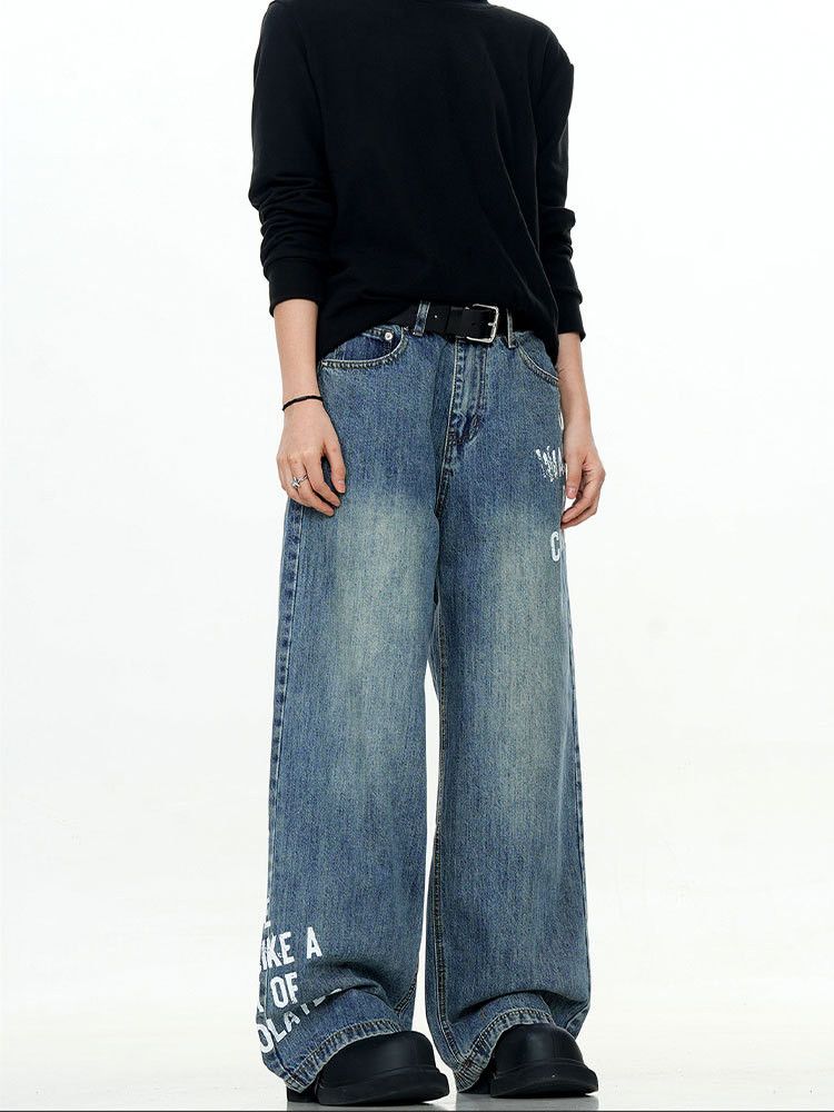Vintage Retro men's loose casual street letter print washed jeans Size US 32 / EU 48 - 3 Thumbnail