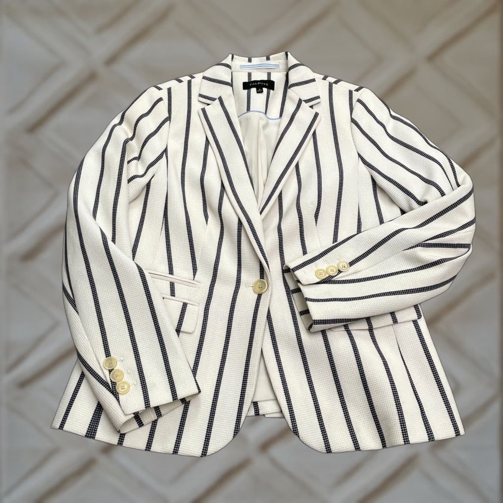 Talbots Blazer Jacket Womens 8 White Black Striped Single Breasted Lined Work