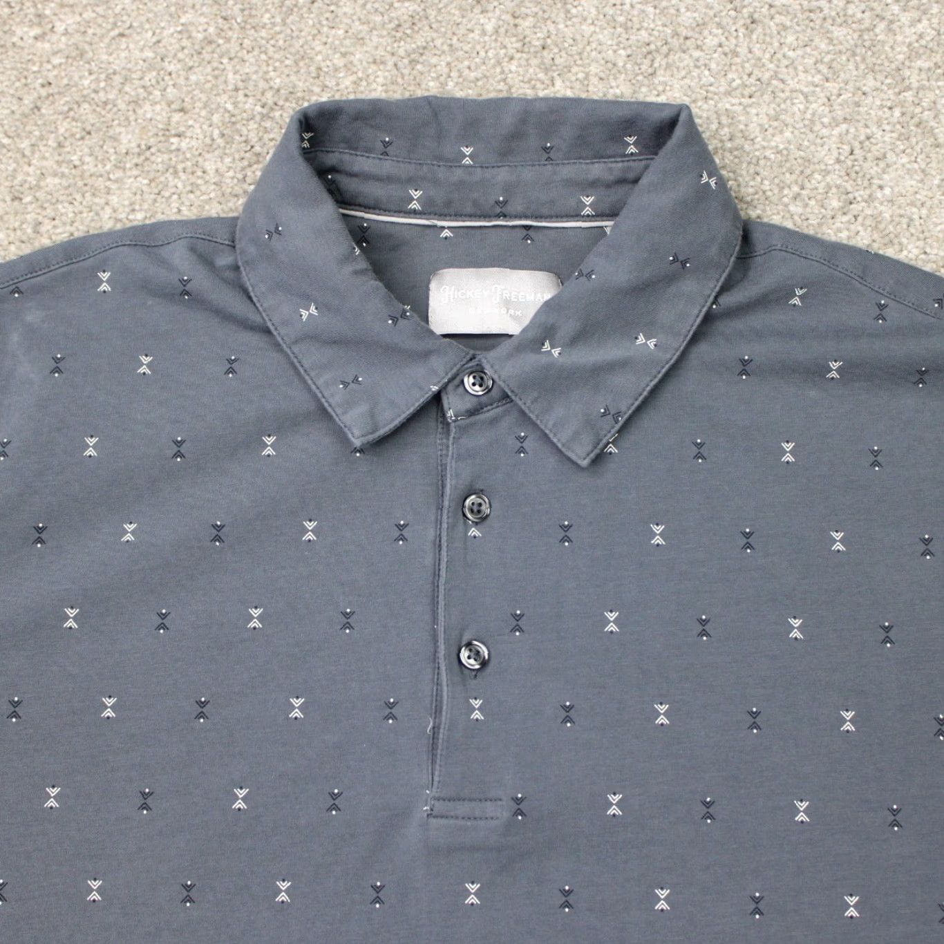 Vintage Hickey Freeman Polo Shirt Mens Large Blue Geometric S/S Pima Cotton Polyester Blend Spandex Shirt Size US L / EU 52-54 / 3 - 4 Thumbnail