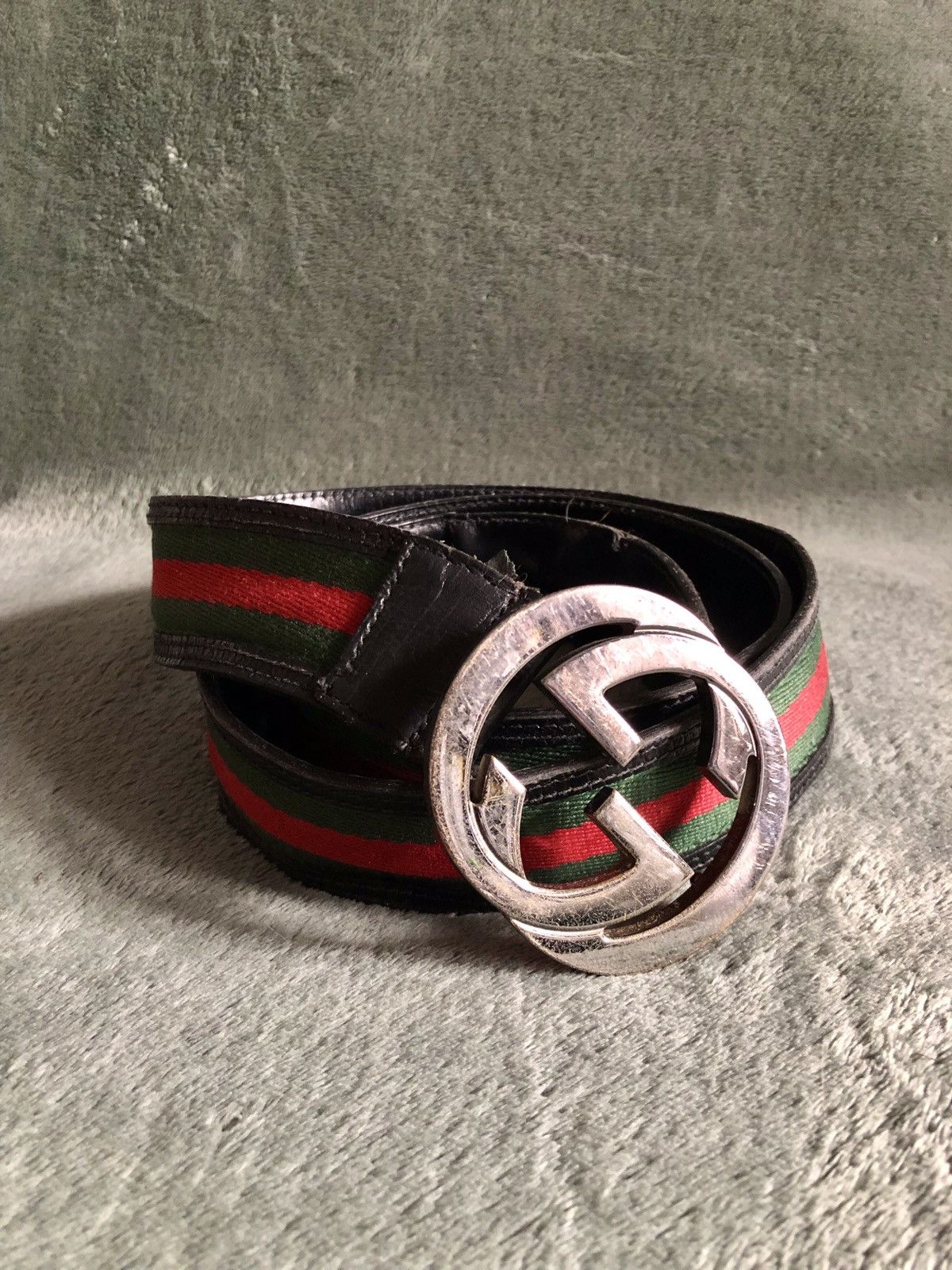 Gucci GUCCI Mens Leather Canvas Strips G Buckle Belt Size 105/42 Size 42 - 2 Thumbnail