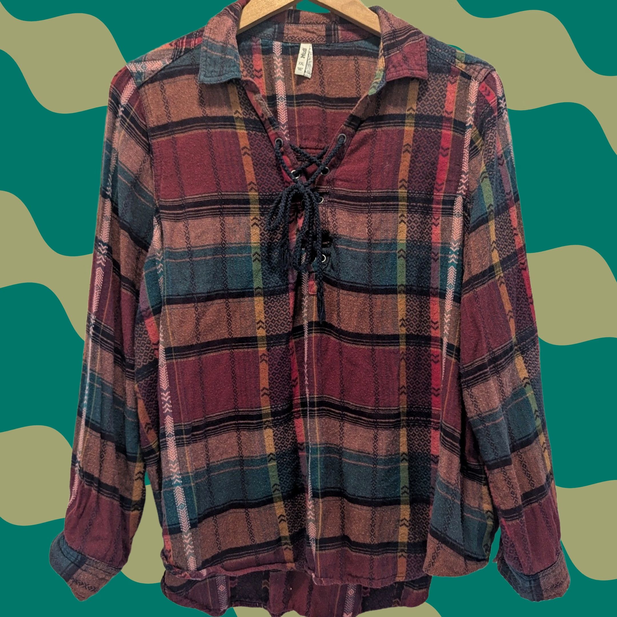 Vintage Mudd Women XXL Southwestern Plaid Lace Up Flannel Shirt Long Sleeve Y2K Size XXL / US 16-18 / IT 52-54 - 1 Thumbnail