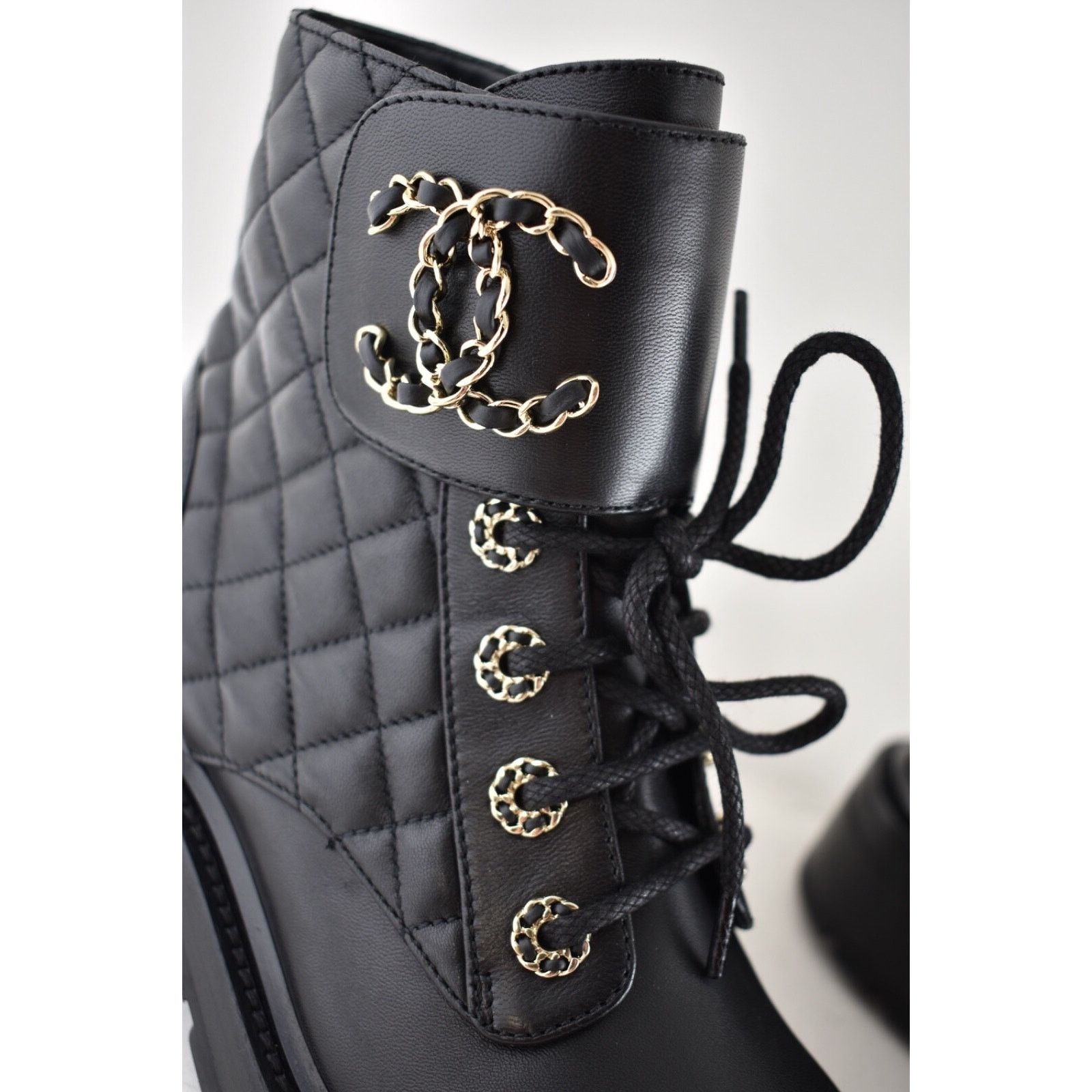 Chanel Chanel 21A Black Quilted Gold CC Chain Combat Lace Up Size US 7 / IT 37 - 6 Thumbnail
