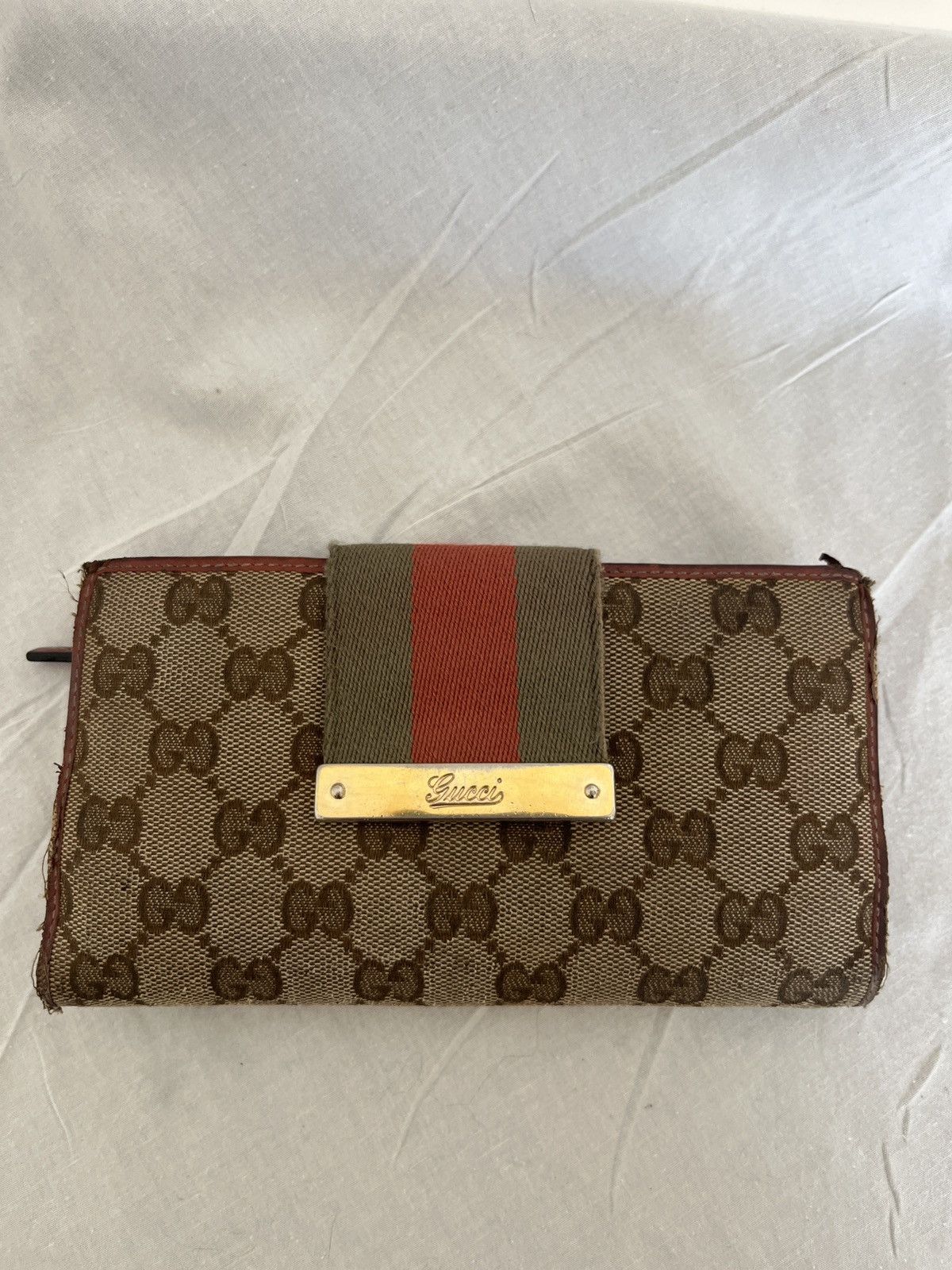 Gucci × Vintage Vintage long monogrammed and leather sherry stripe wallet Size ONE SIZE - 1 Thumbnail