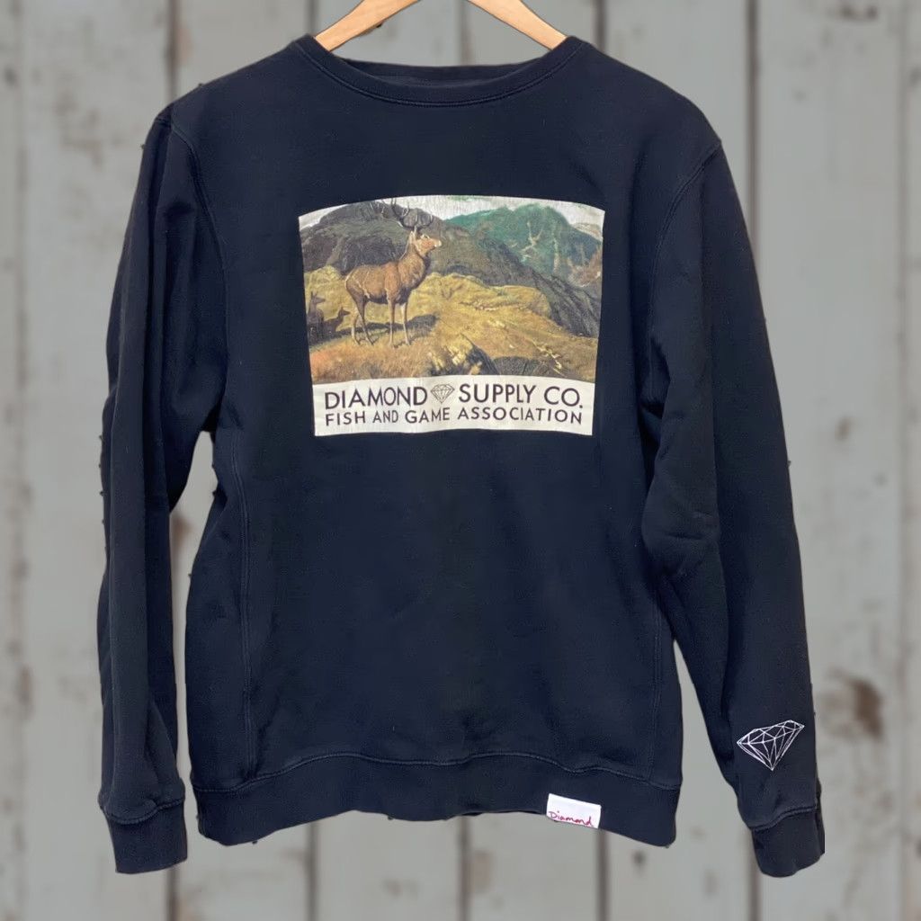 VINTAGE Diamond Supply Co. Mens Medium Black Long Sleeve Sweatshirt Crew Neck Cotton Blend Fish & Game Pullover M Mens