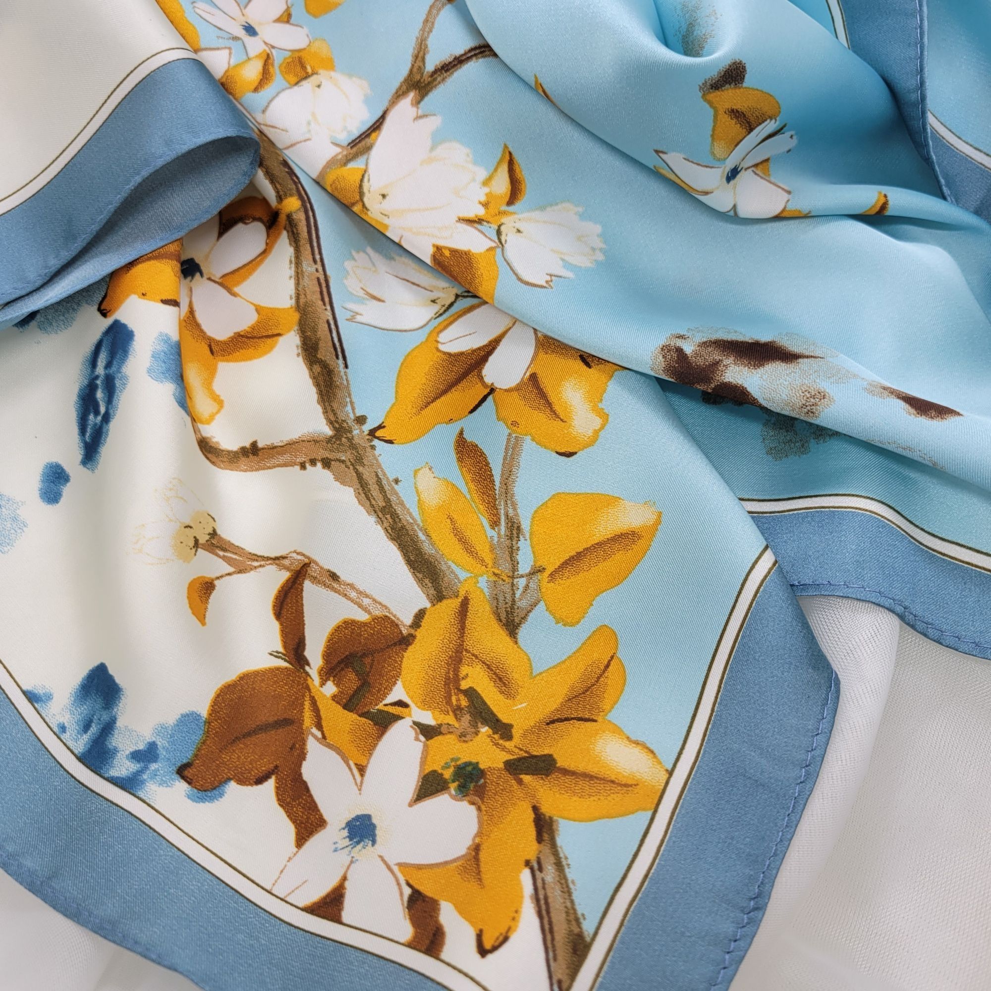 Other Scarf New Elegant Bandana FLORAL Sky Blue Retro Style Silk A Size ONE SIZE - 4 Thumbnail