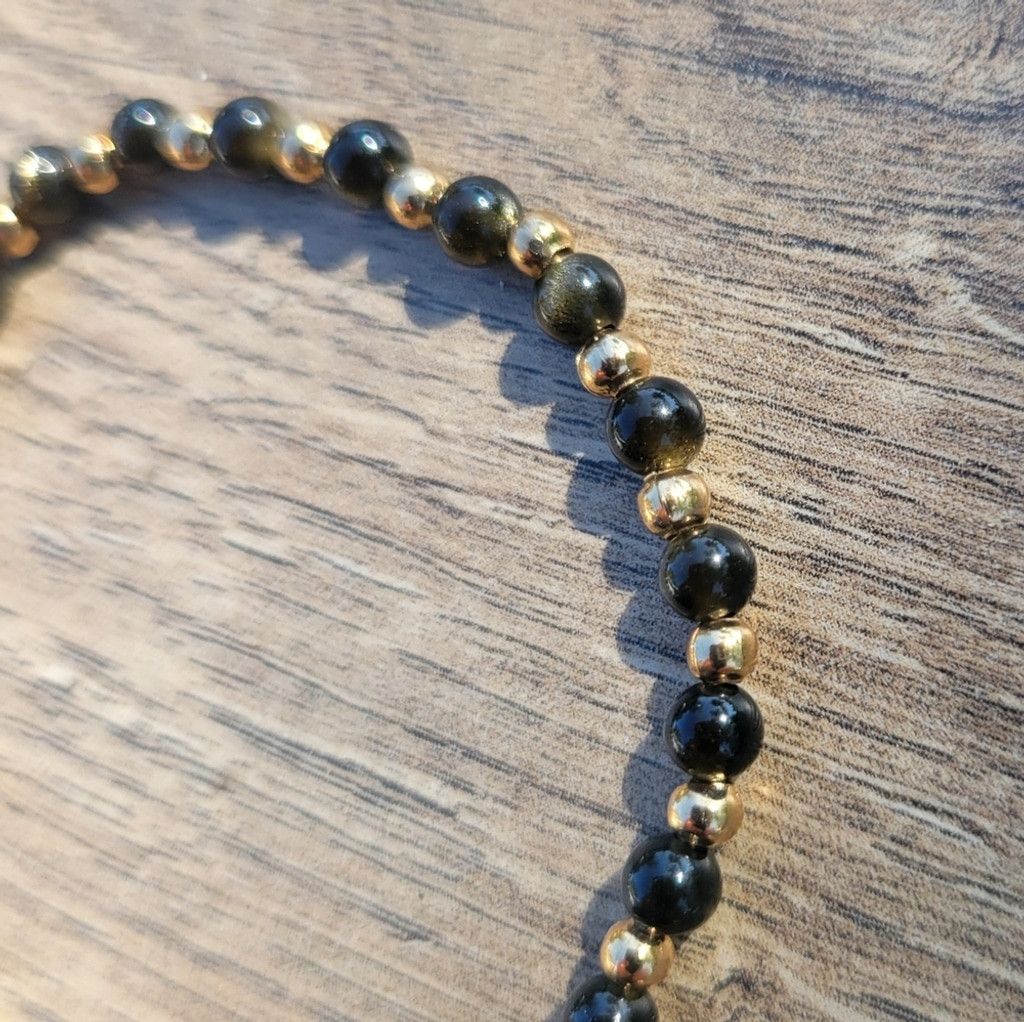 Handmade Natural Gemstone Golden Obsidian 4mm Dainty Beaded Bracelet Size ONE SIZE - 2 Thumbnail