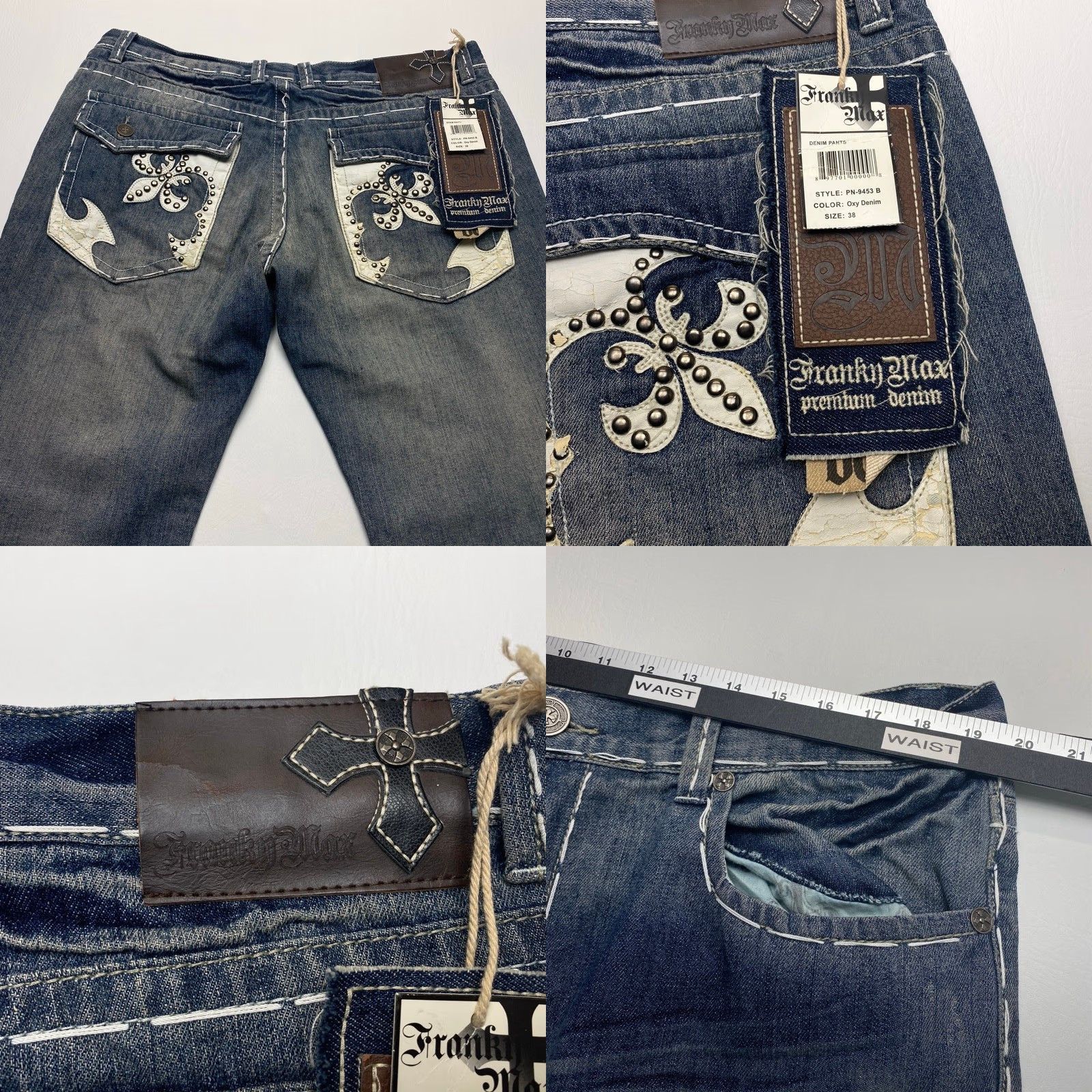 Vintage NWT Franky Max Jeans Mens 38x32 Blue Boot Cut Relaxed Fit Distressed Embroidered Jeans Size US 38 / EU 54 - 9 Thumbnail