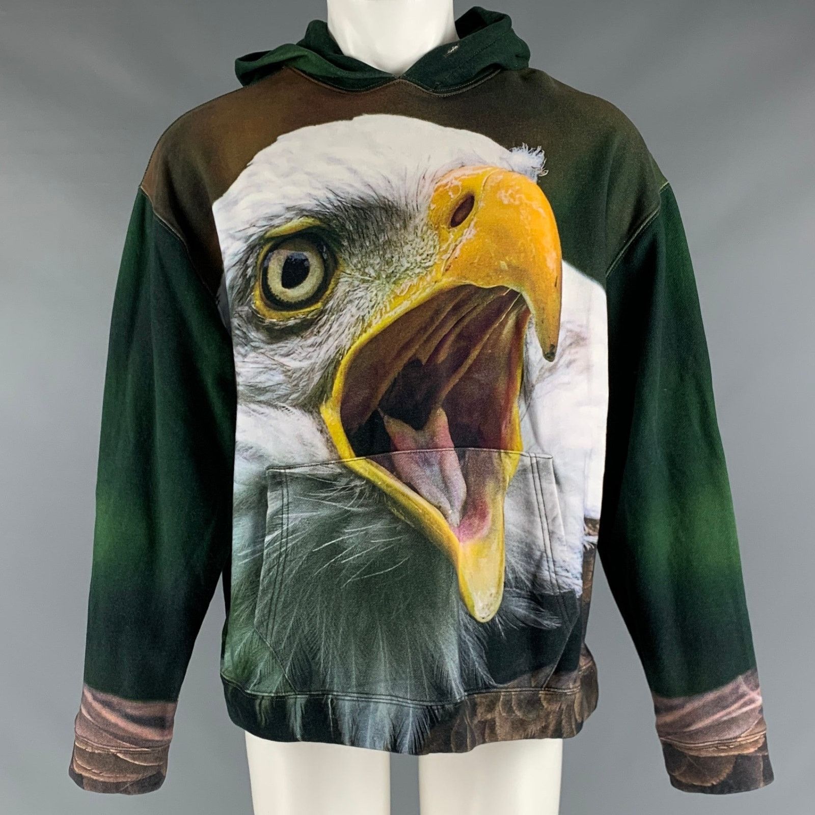 S Green White Yellow Eagle Print Cotton Hoodie Sweatshirt