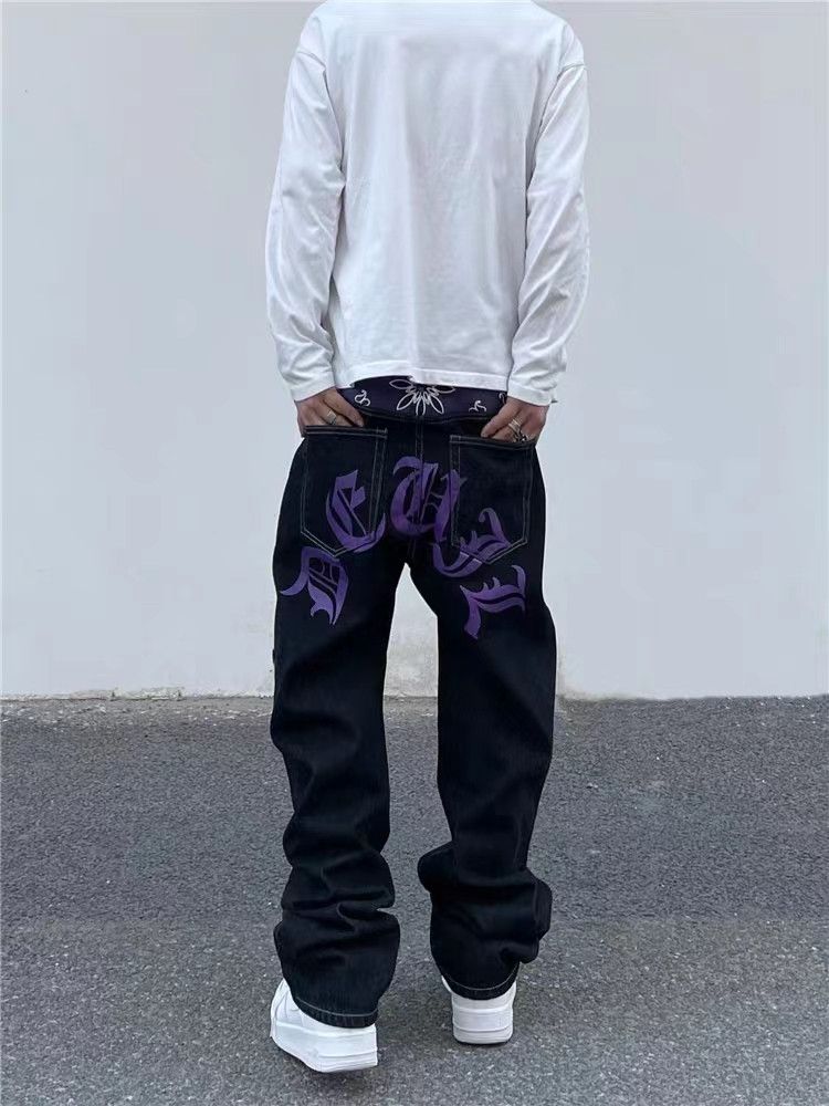 Black High Street Hip Hop Printed Wide Leg Jeans