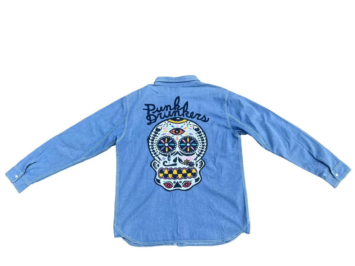 Vintage Punk Drunkers Japan Embroidery Satanic Skull Denim Shirt Size US L / EU 52-54 / 3 - 1 Thumbnail