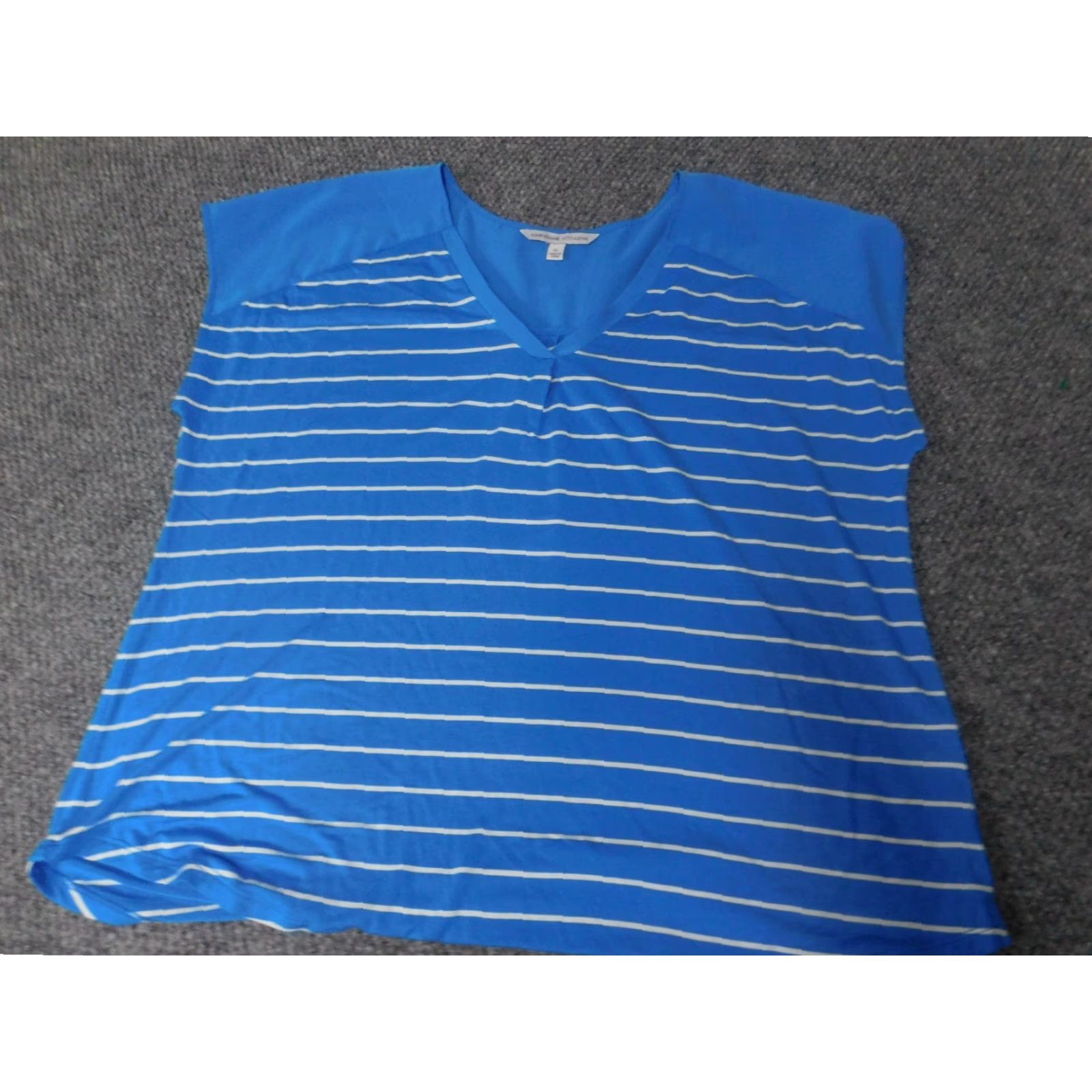Vintage Adrienne Vittadini Blouse XL Womens Blue Striped Pullover Dolman Sleeve Collared Button Polyester Down” Size XL / US 12-14 / IT 48-50 - 2 Thumbnail