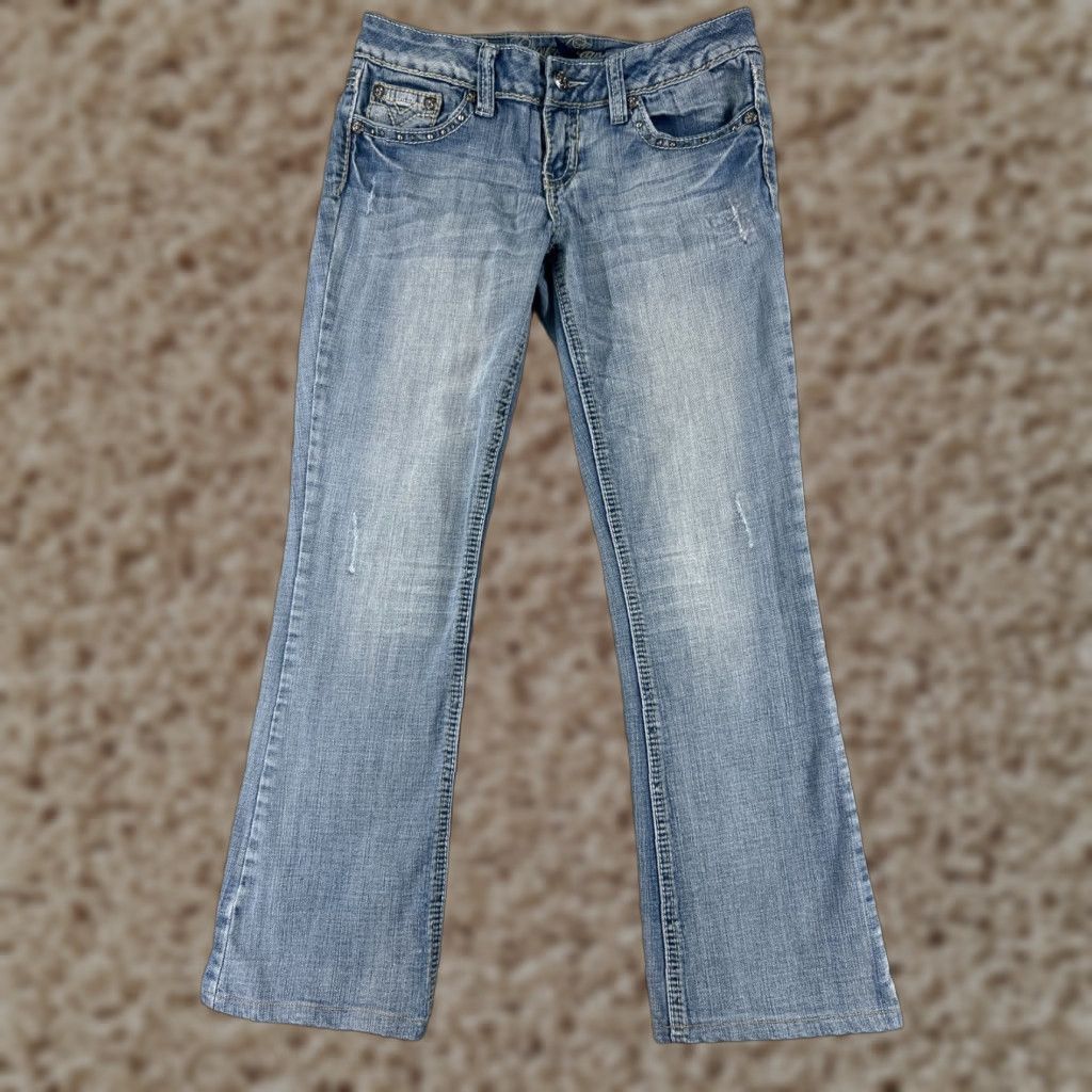 Vintage Request Jeans Womens 7 Blue Denim Bootcut Distressed Embroidered 27x28 Size 28" / US 6 / IT 42 - 1 Thumbnail