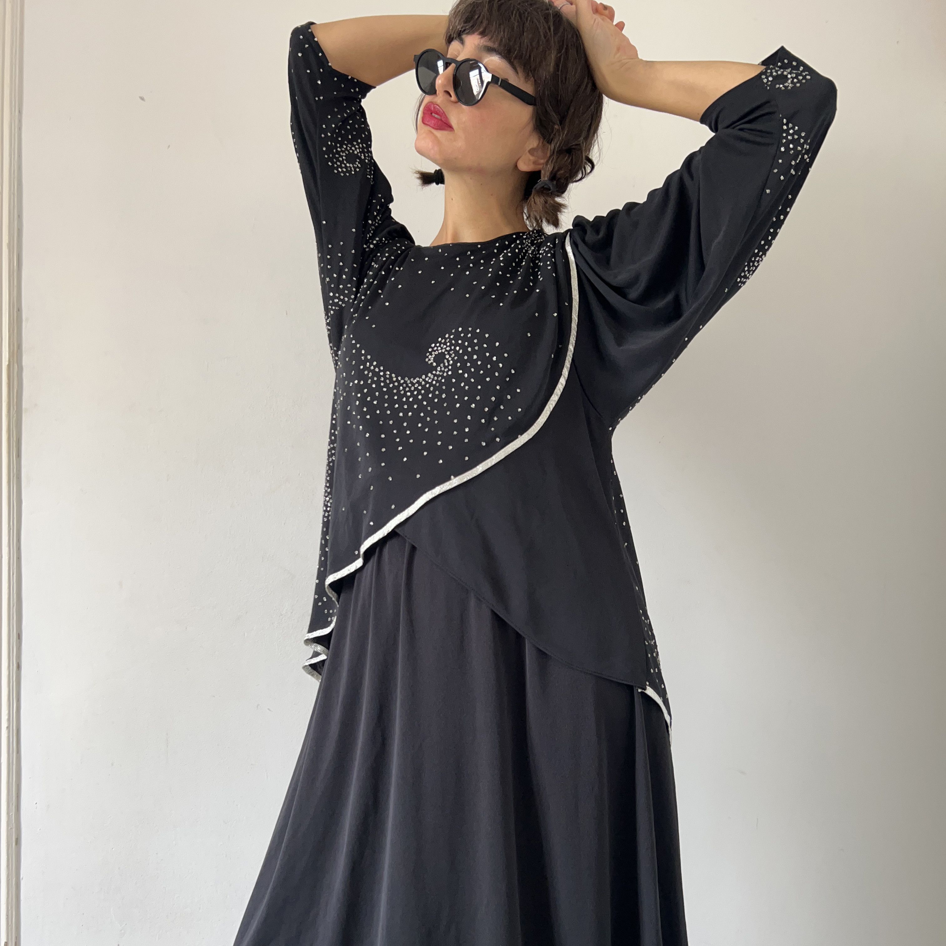 Vintage Vintage 80s Black Rhinestone Asymmetrical Midi Dress Size M / US 6-8 / IT 42-44 - 5 Thumbnail