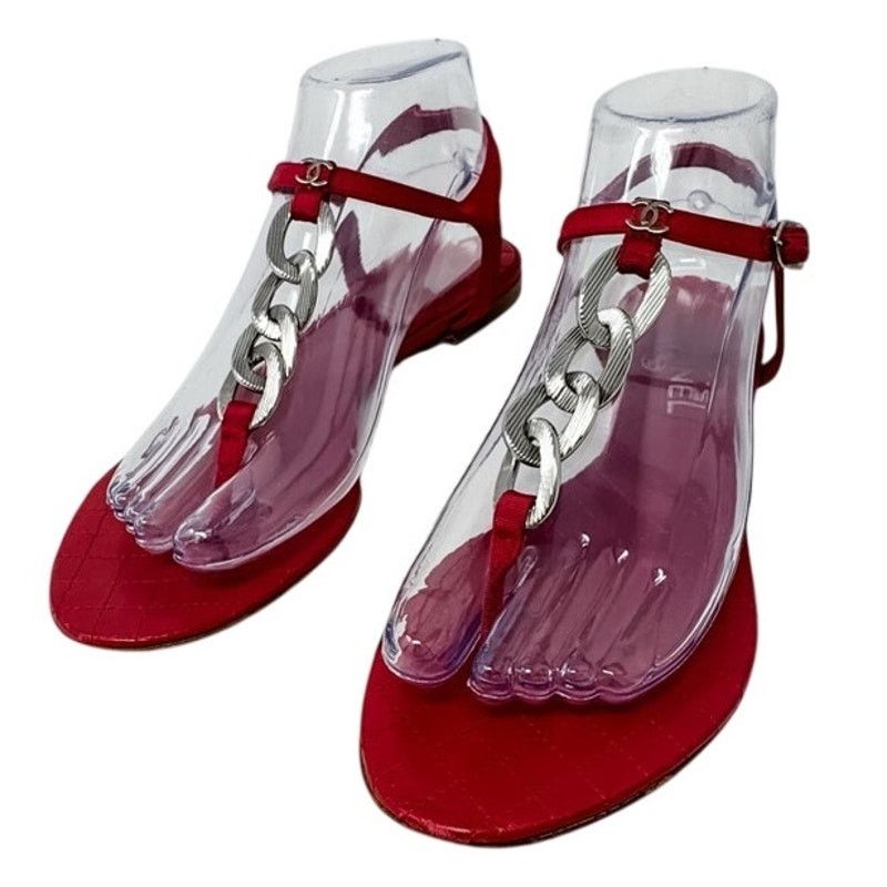 Chanel Chanel Red Silver Chain T Strap CC Logo Flat Sandals sz 37.5 Size US 7.5 / IT 37.5 - 2 Thumbnail