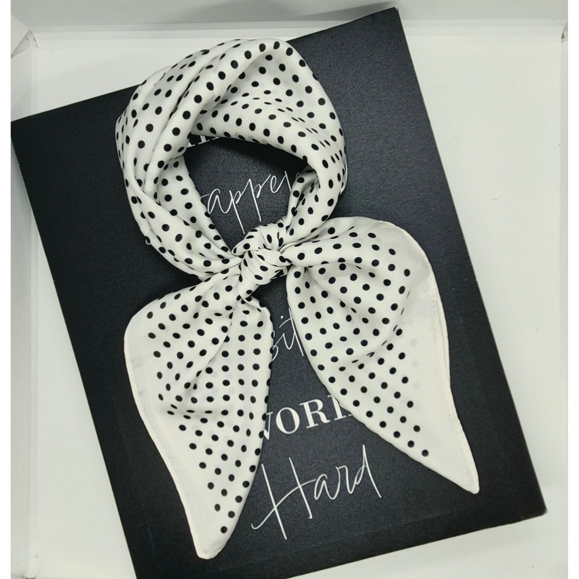 Other Luxury Elegant Bandana Square Scarf Satin White Black Dots S Size ONE SIZE - 2 Thumbnail