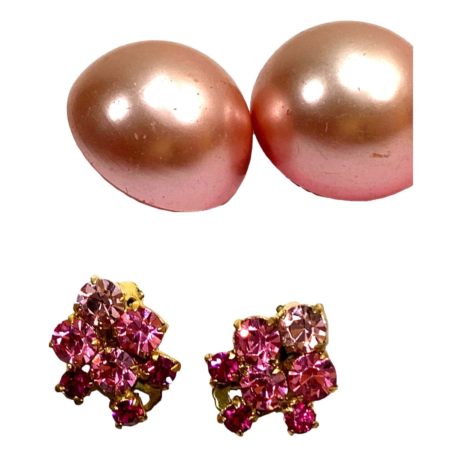 Vintage 2 Pair Pink 50s Earrings Austria Rhinestone Japan Dome Size ONE SIZE - 3 Thumbnail