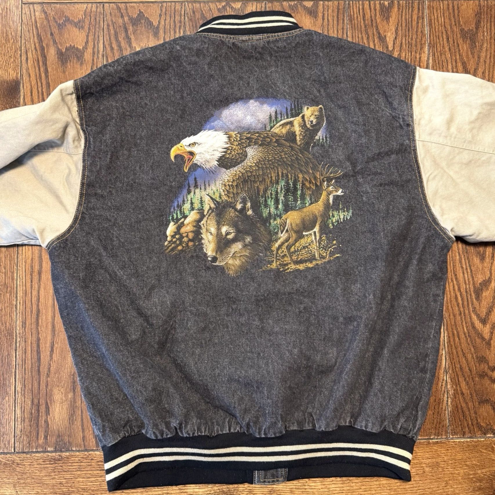 Vintage VINTAGE VTG Wildlife Jon Lauren Apparel Denim Varsity Bomber Jacket Men’s XL Wolf Buck Size US L / EU 52-54 / 3 - 3 Thumbnail