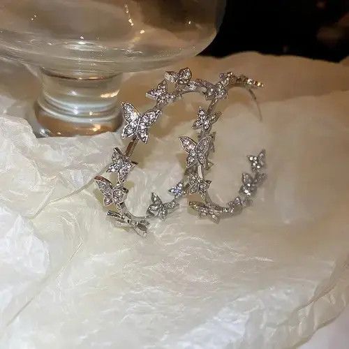 Japanese Brand × Vintage Butterfly Hoop Earrings Shiny Rhinestones Crystal Size ONE SIZE - 3 Thumbnail