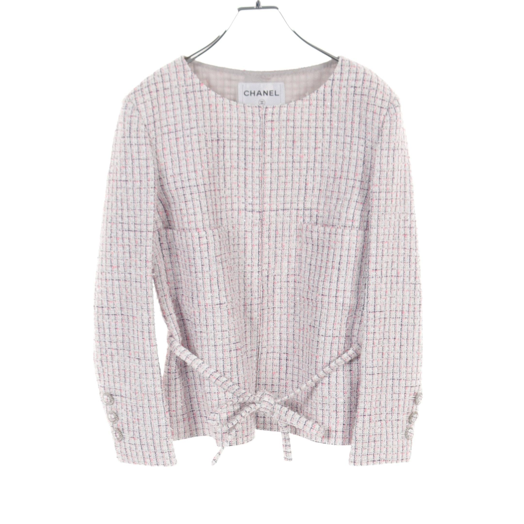 Chanel Chanel Tweed No-Collar Jacket Nylon White Pink Navy 14S Size ONE SIZE - 1 Thumbnail